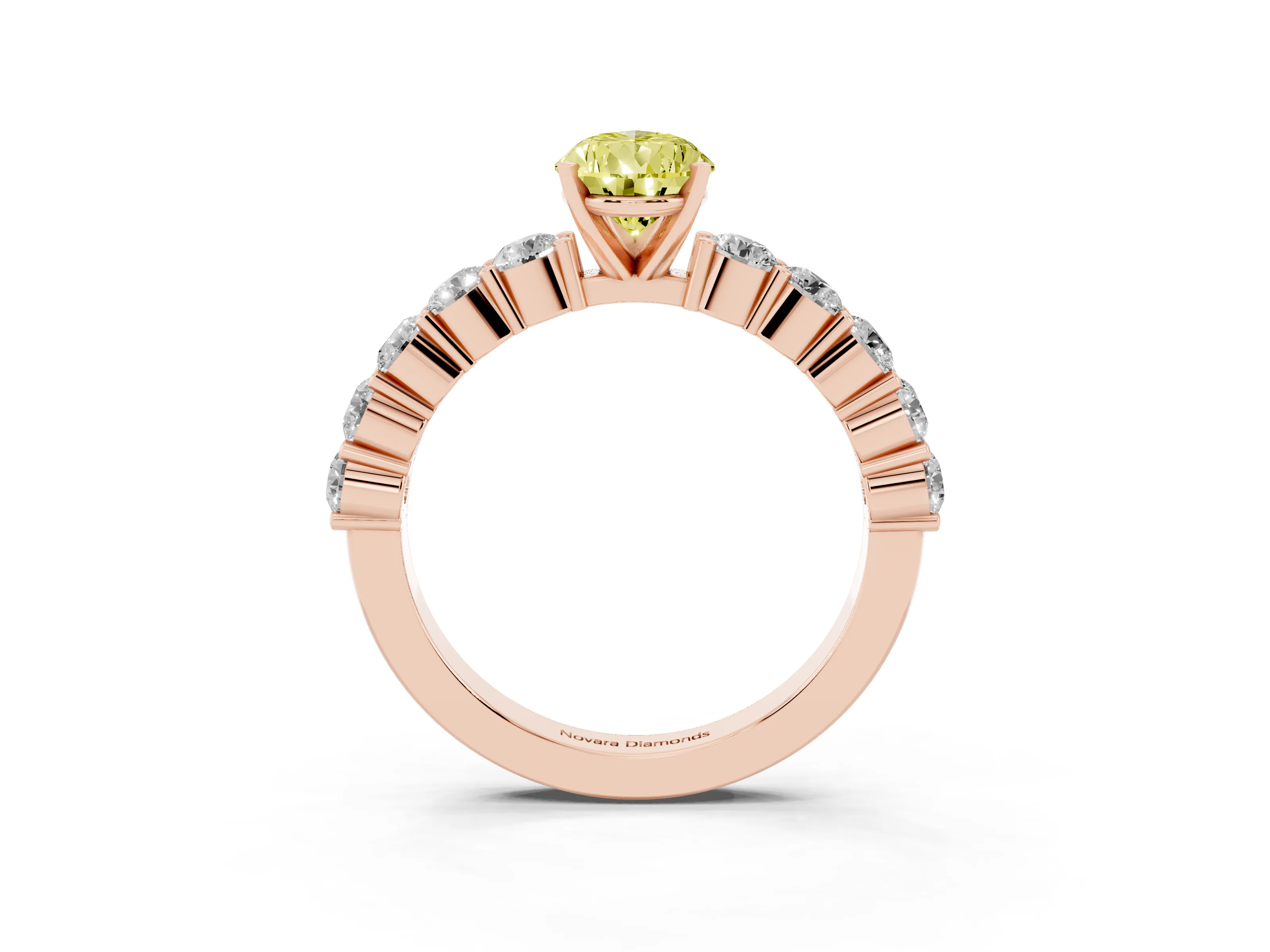 Fancy Yellow Pear Cut Diamond Solitaire Ring Set in Rose gold with Shared Prong Round Side Stones