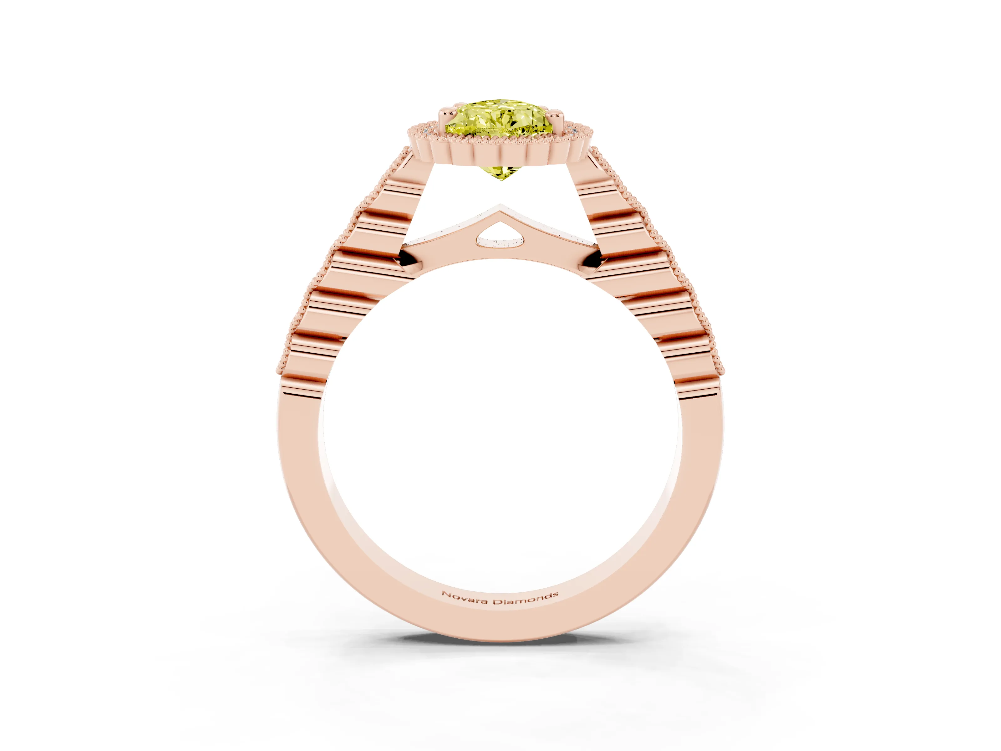 Fancy Yellow Pear Cut Diamond Halo Ring Set in Rose gold with Pavé Milgrain Band