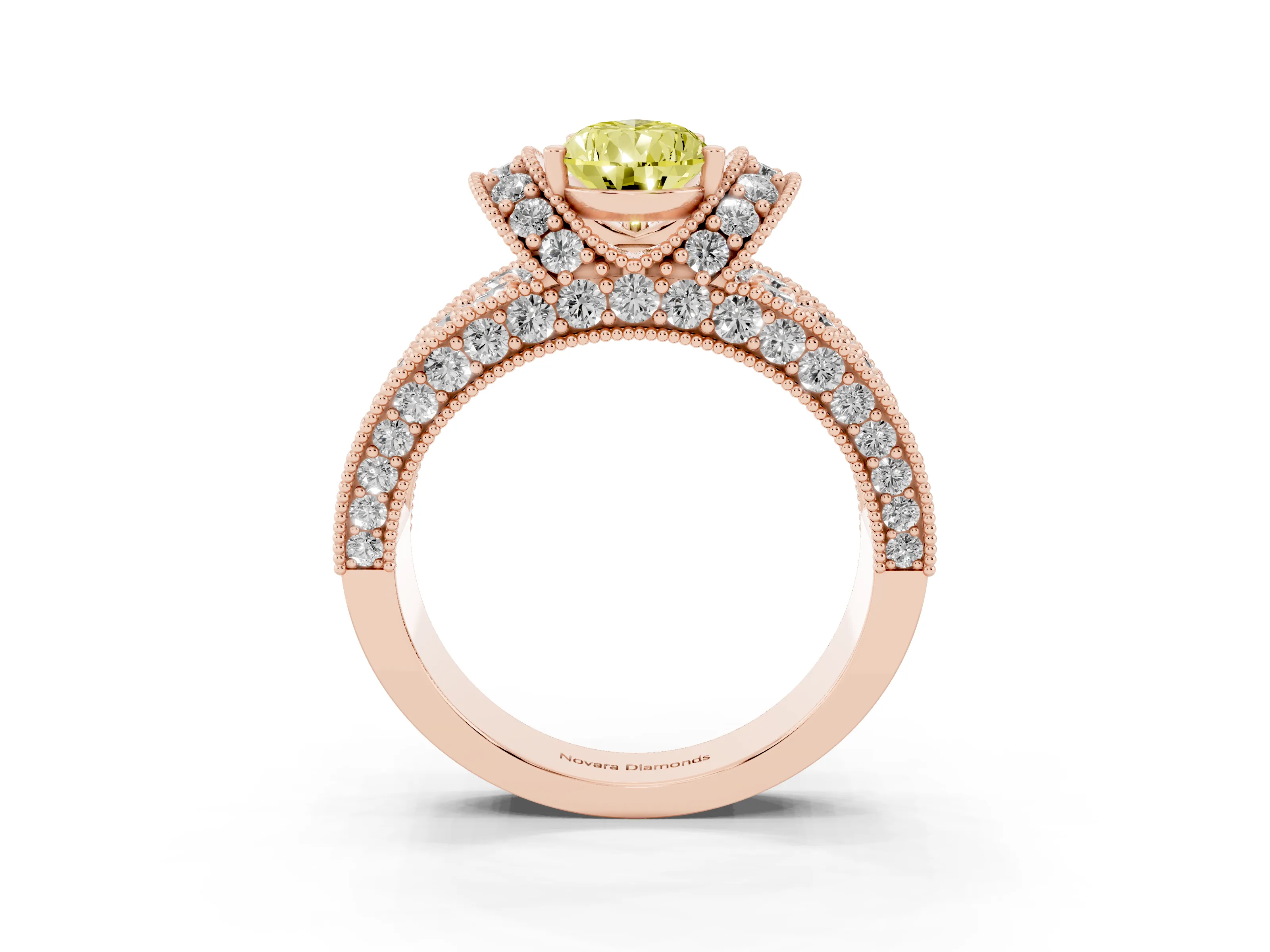 Fancy Yellow Pear Cut Diamond Milgrain Halo Pavé Engagement Ring Set in Rose gold with Prong Setting