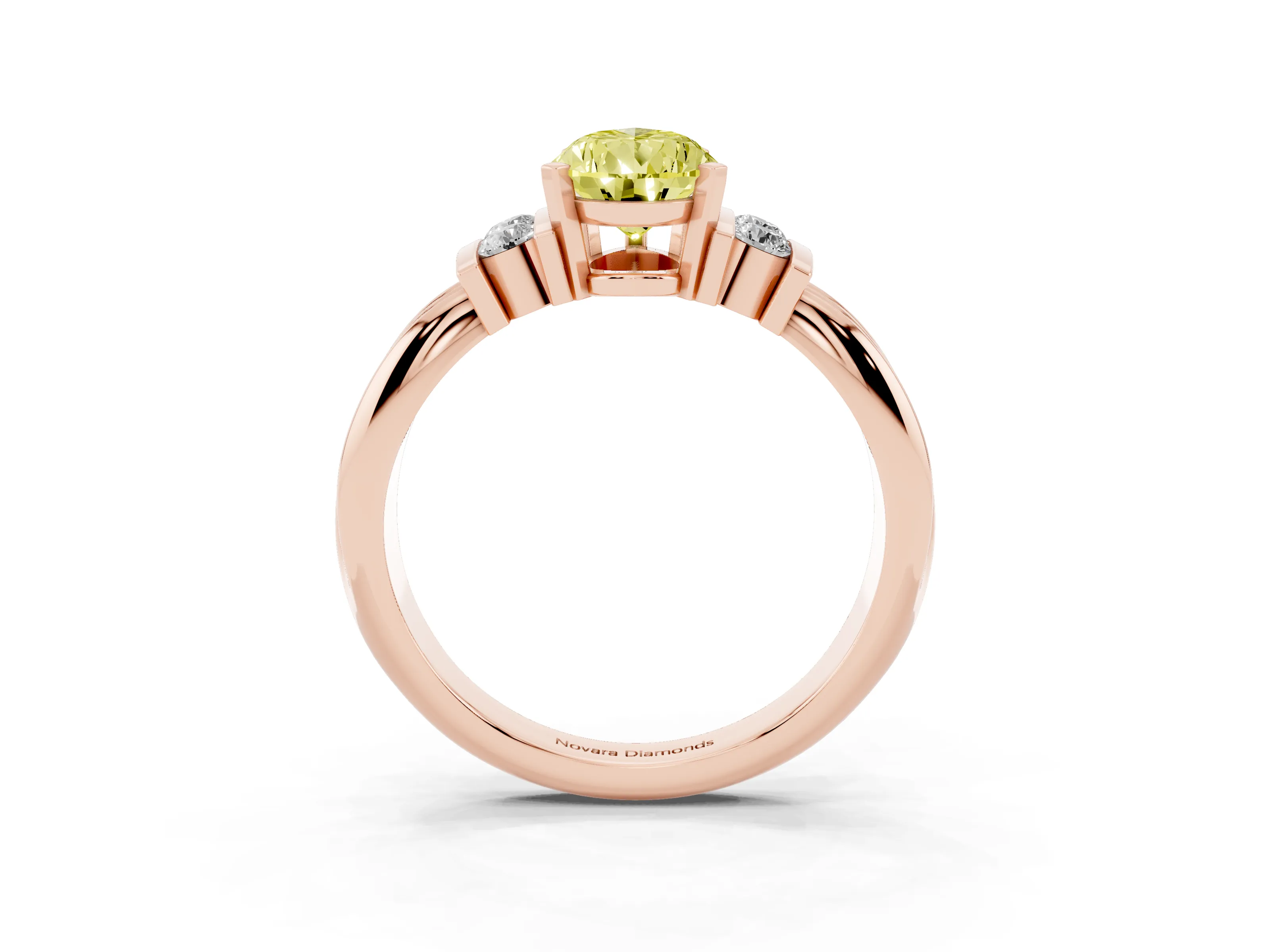 Fancy Yellow Three-Stone Pear Cut Diamond Channel Set Ring Set in Rose gold with Bar Prongs