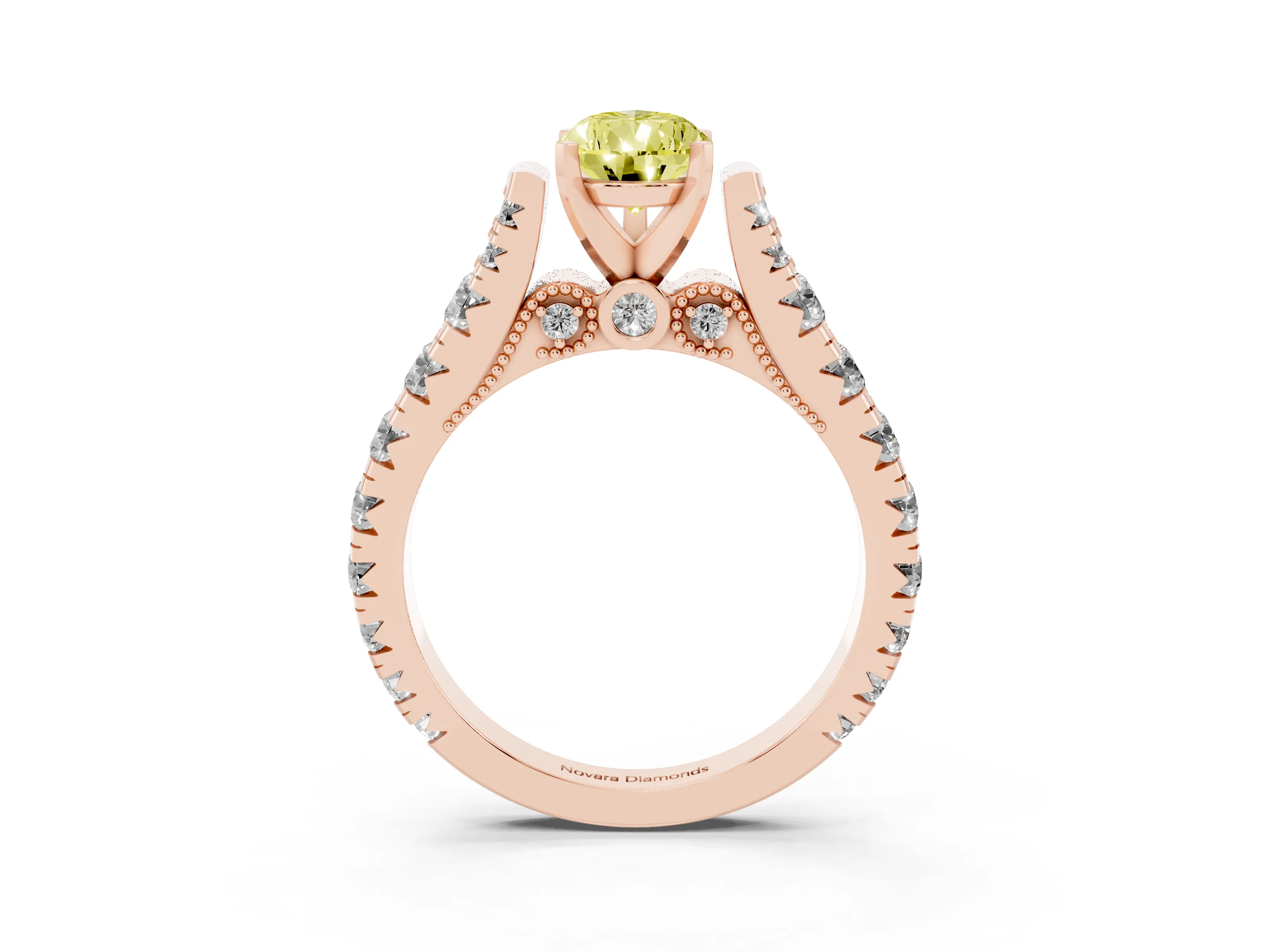 Fancy Yellow Pear Cut Diamond Classic Solitaire Ring Set in Rose gold with Pavé Band and Prong Setting