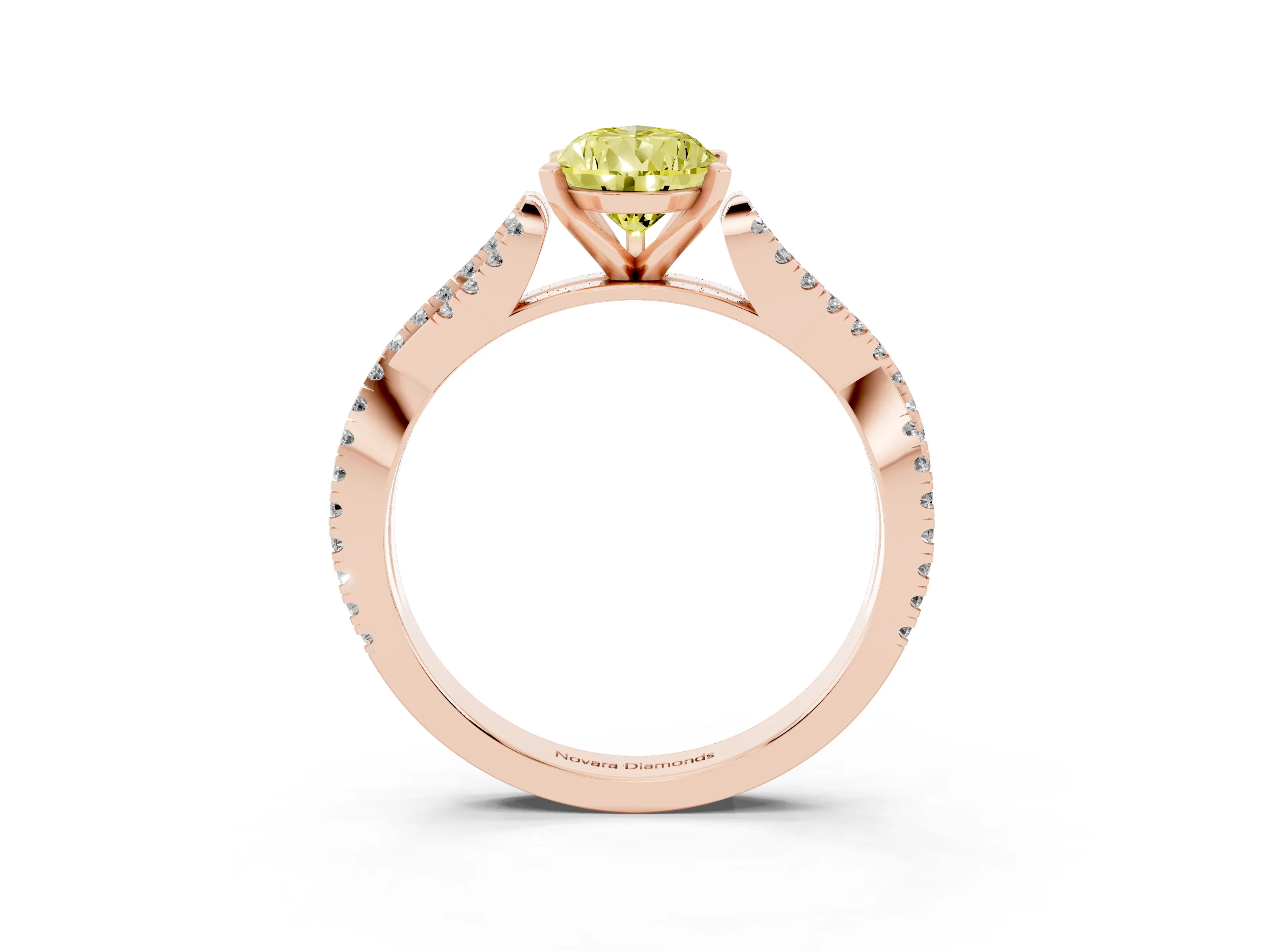 Fancy Yellow Pear Cut Diamond Solitaire Engagement Ring Set in Rose gold with Twisted Pavé Band and Prong Setting