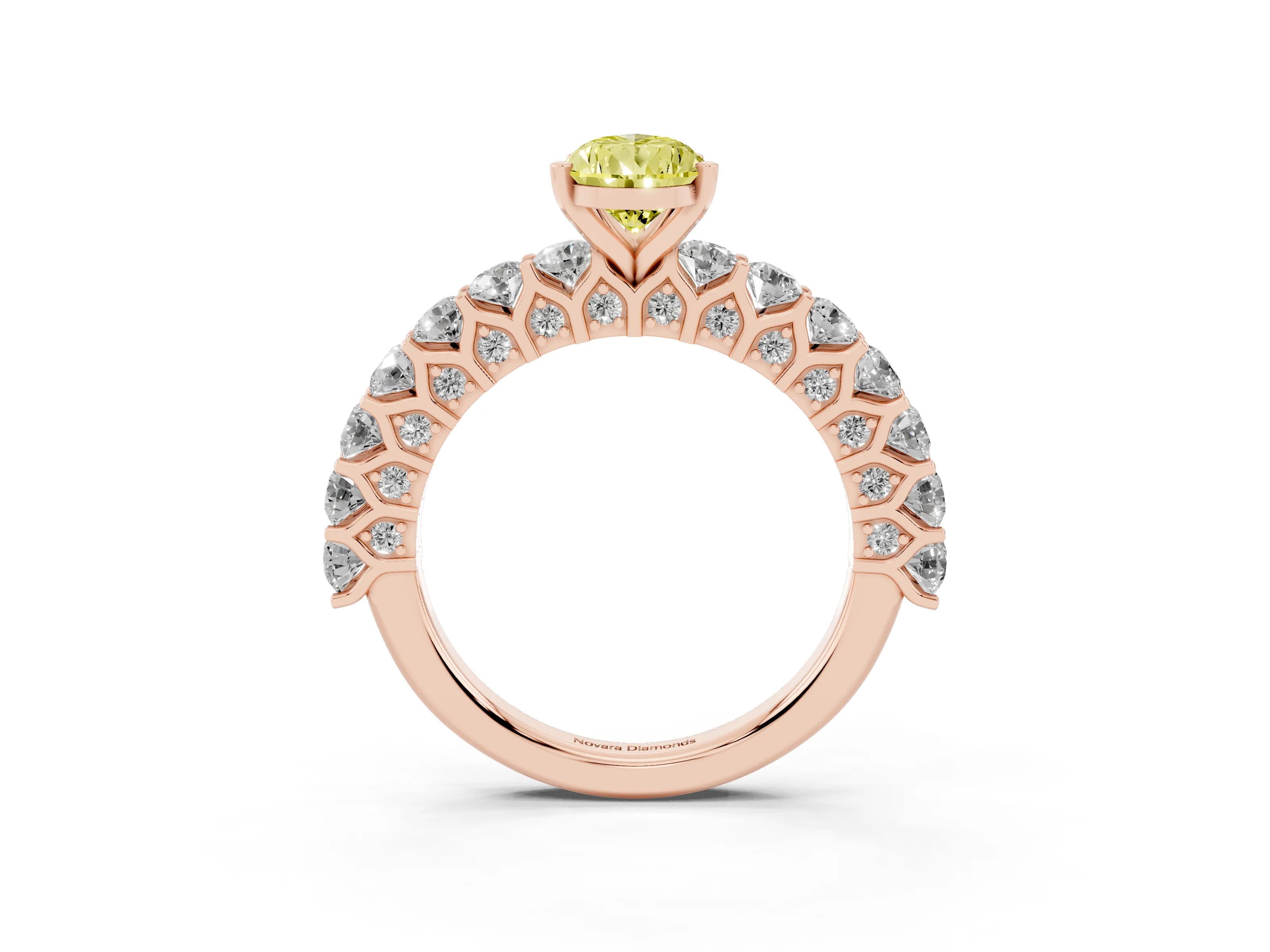 Fancy Yellow Pear Cut Diamond Solitaire Ring Set in Rose gold with Shared Prong Pavé Band