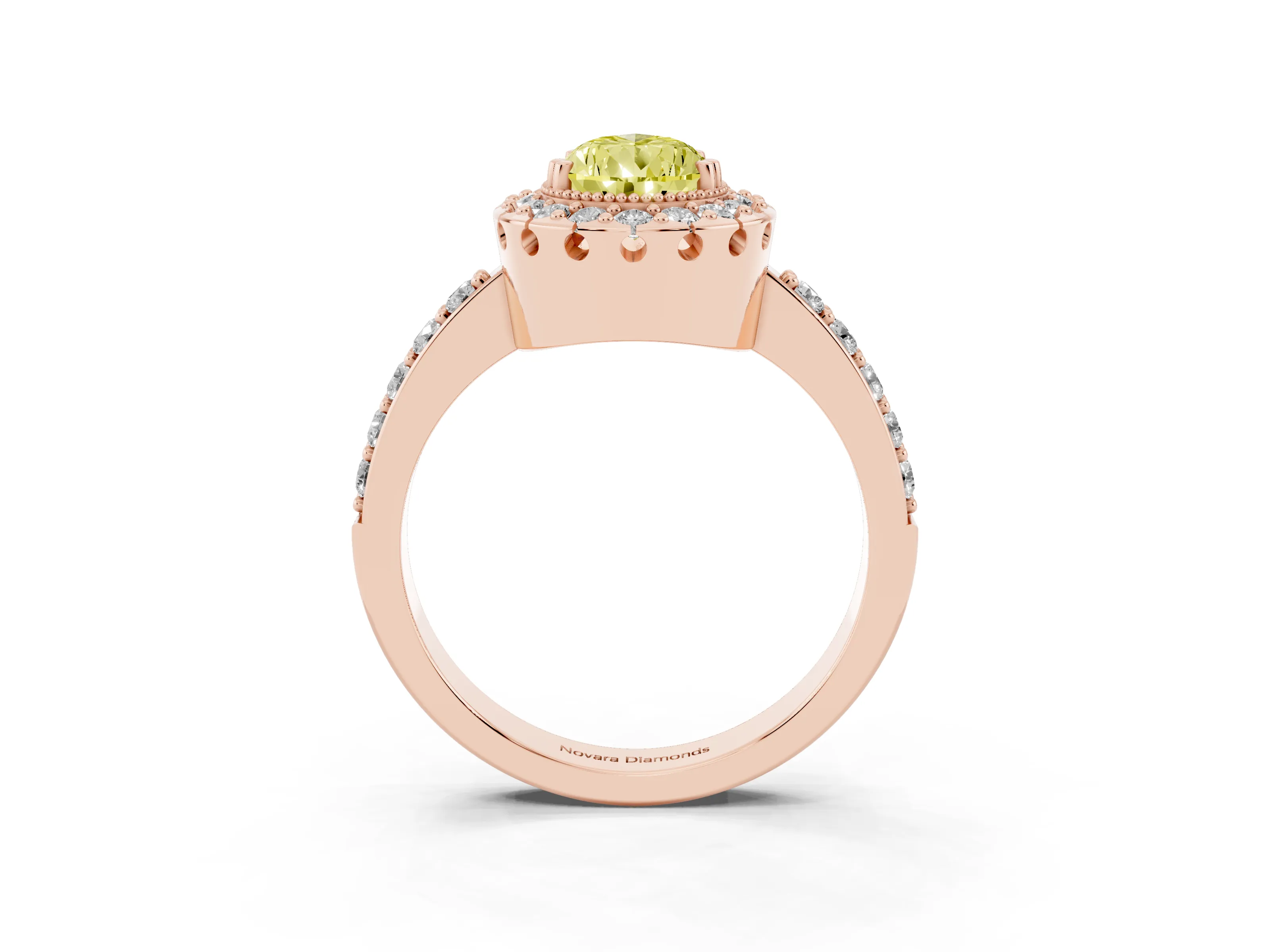 Fancy Yellow Pear Cut Diamond Halo Ring Set in Rose gold with Pavé Shank and Prong Setting