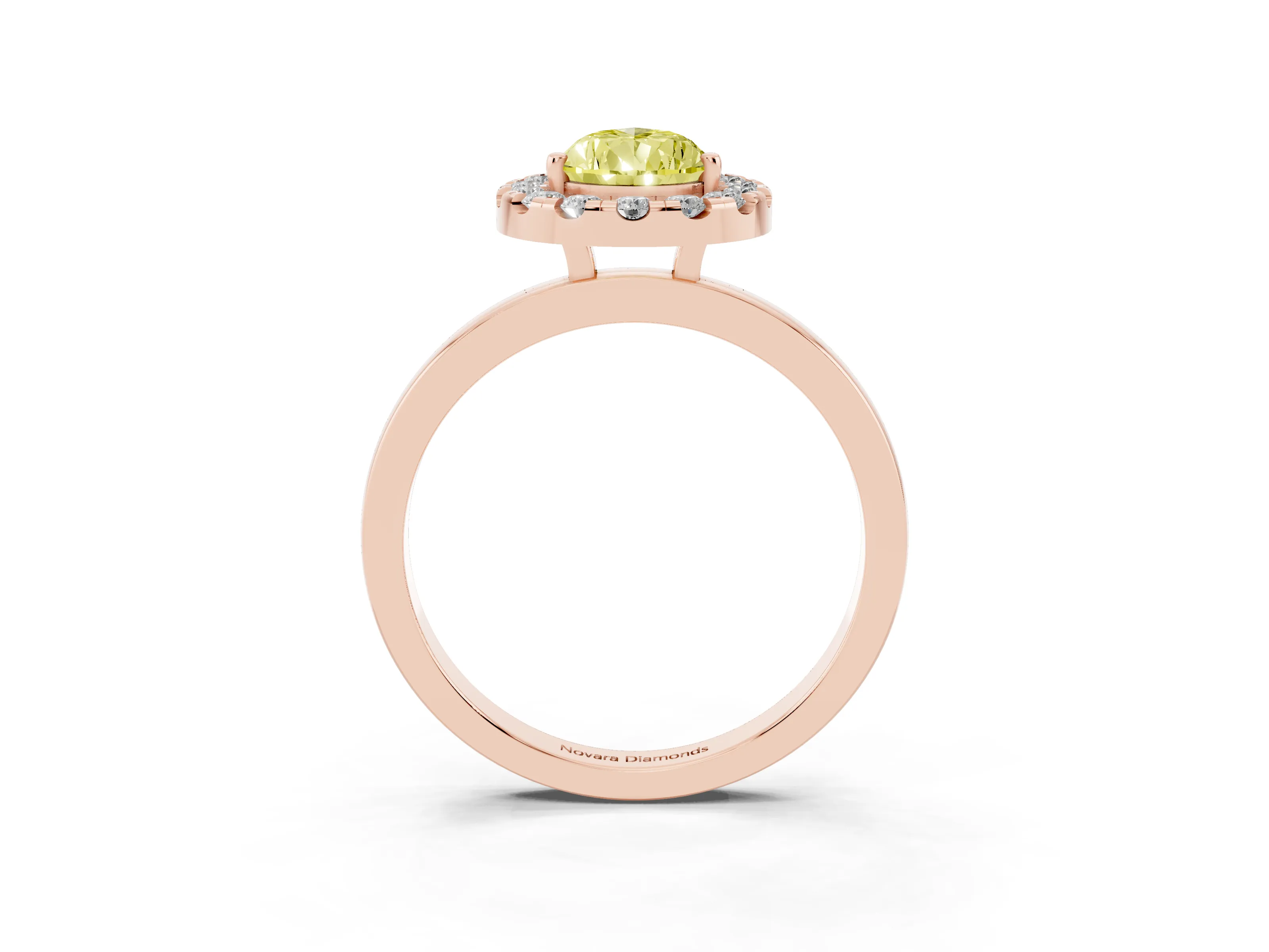 Fancy Yellow Pear Cut Diamond Halo Solitaire Ring Set in Rose gold with Pavé Band and Prong Setting