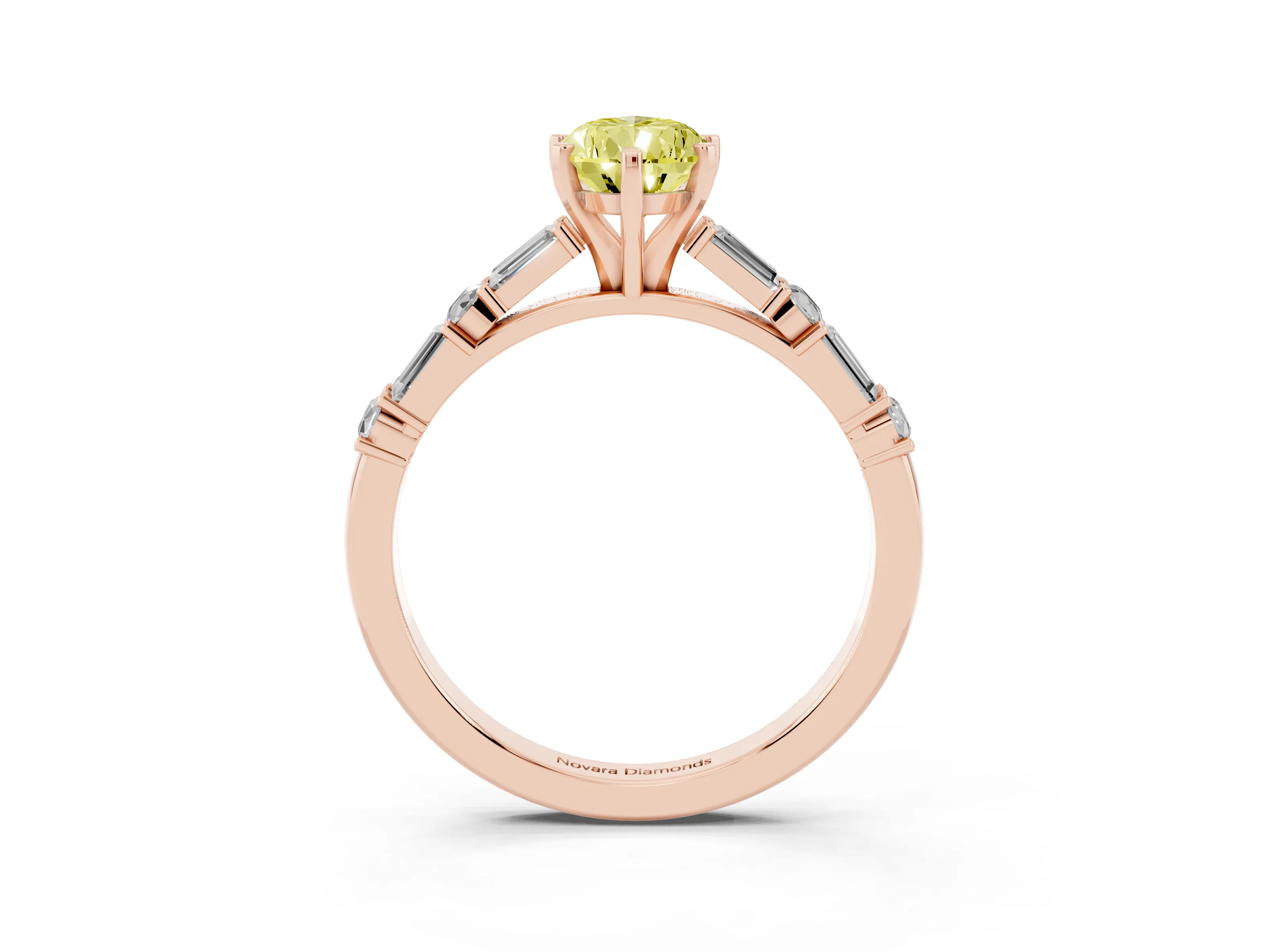 Fancy Yellow Pear Cut Diamond Solitaire Set in Rose gold with Side Baguettes and Channel Set Band