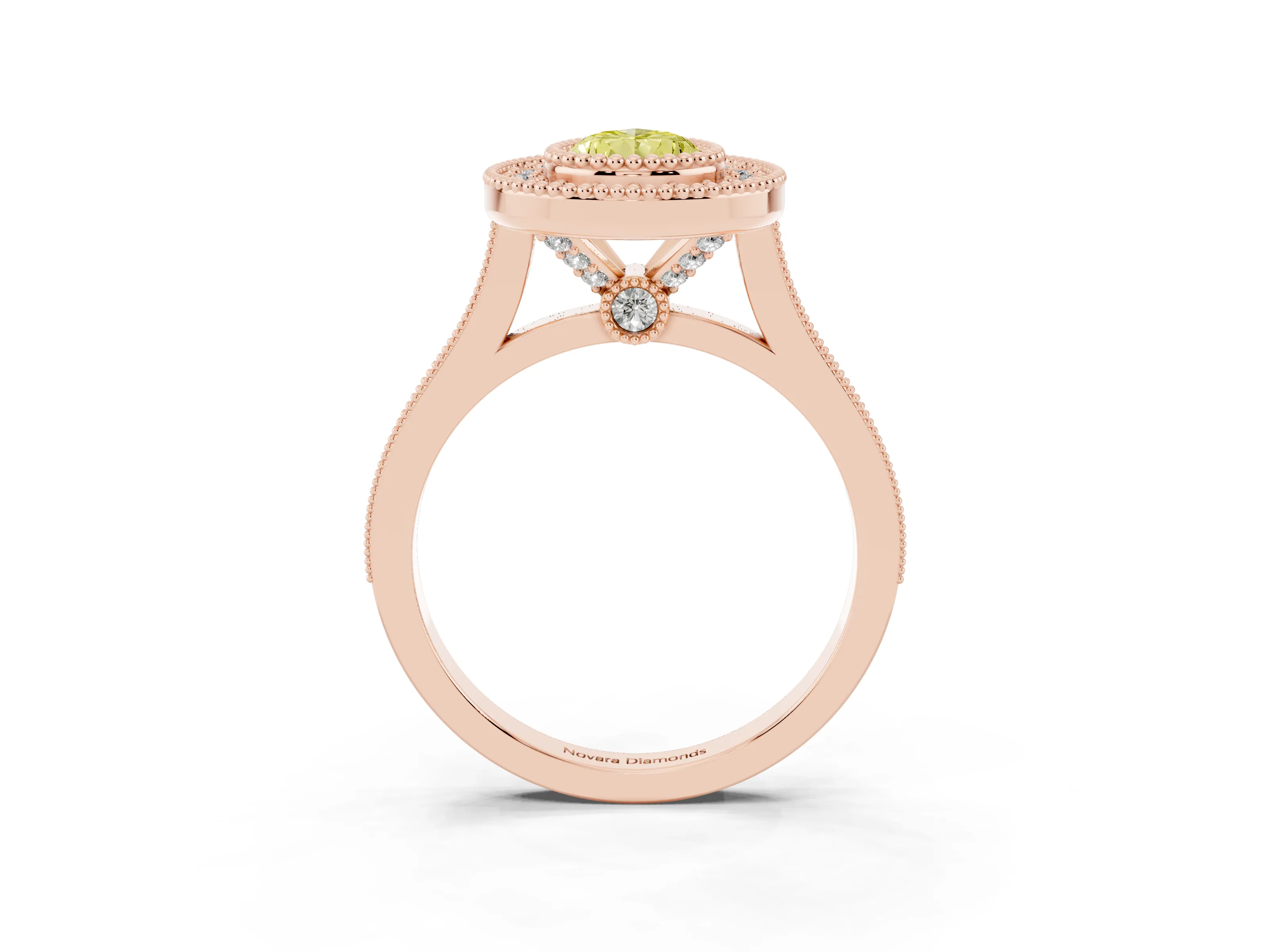 Fancy Yellow Pear Cut Diamond Halo Ring Set in Rose gold with Milgrain Frame and Pavé Band