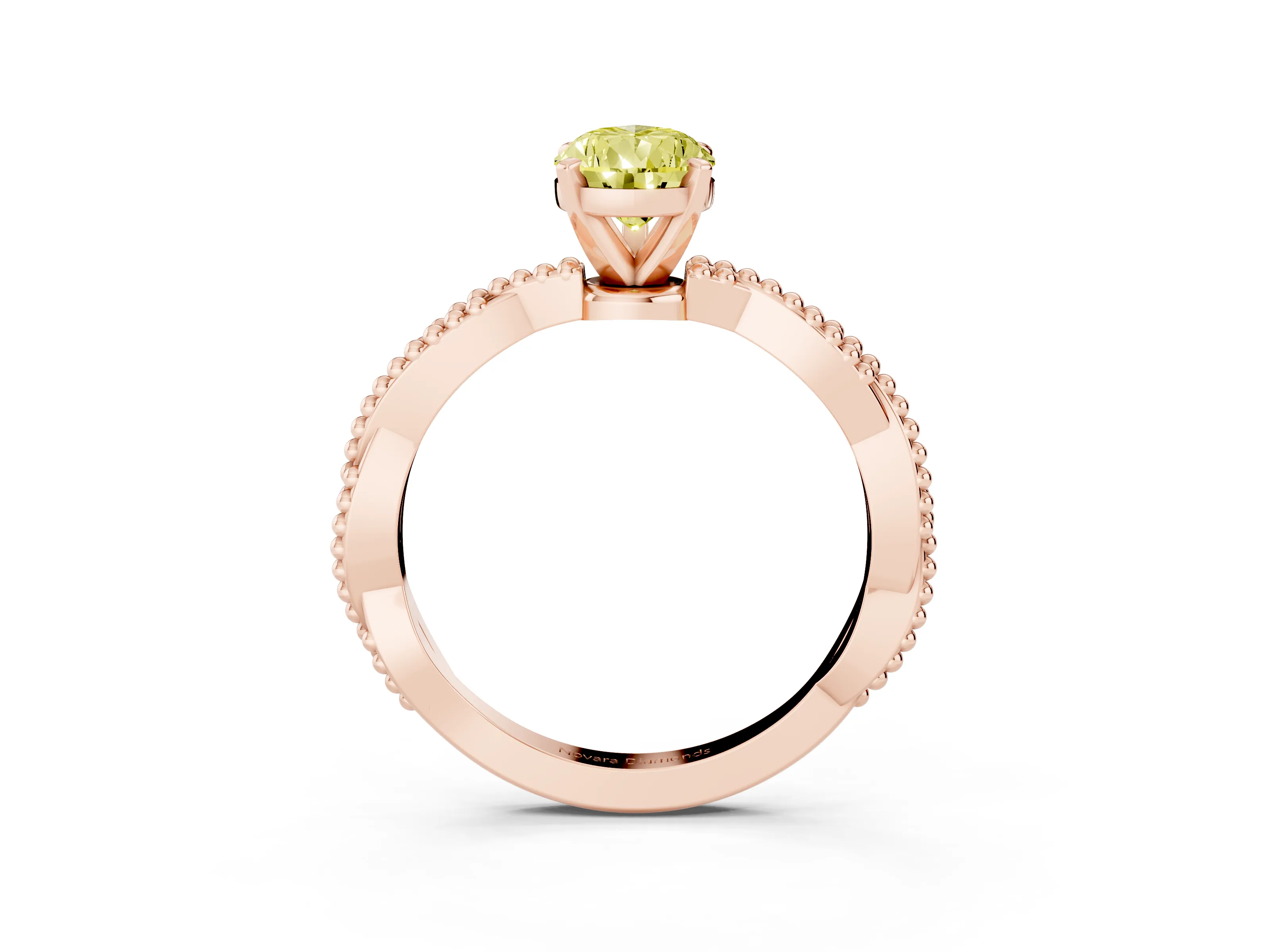 Fancy Yellow Pear Cut Diamond Solitaire Ring Set in Rose gold with Twisted Band and Bead Prong Setting