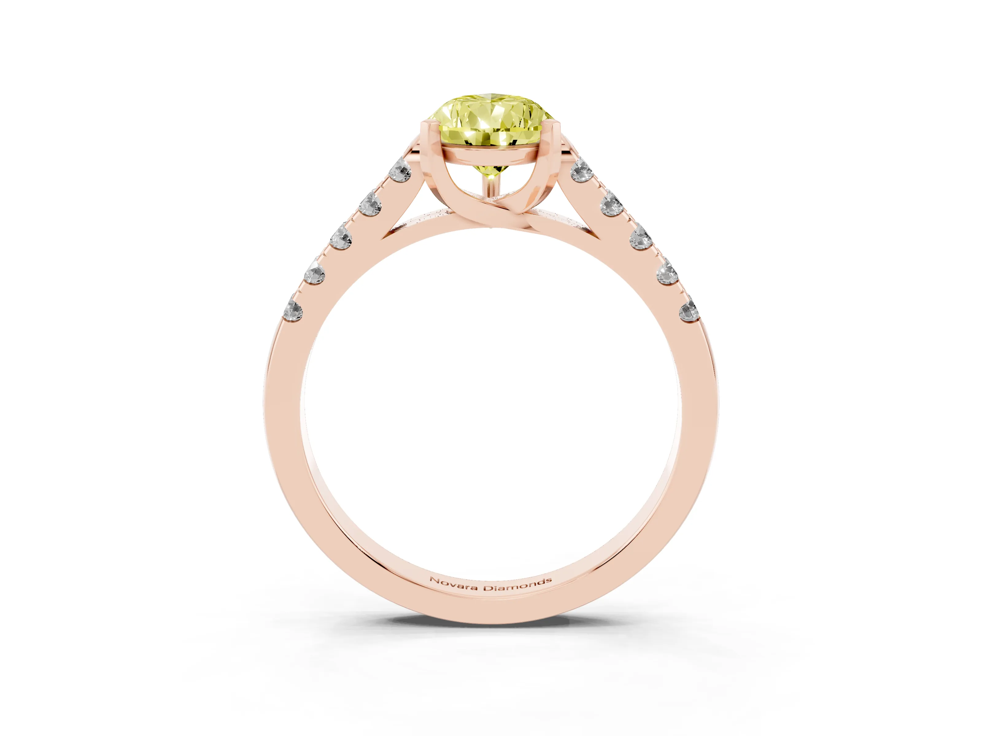 Fancy Yellow Pear Cut Diamond Pavé Band Solitaire Ring Set in Rose gold with Partway Accent Stones and Prong Setting