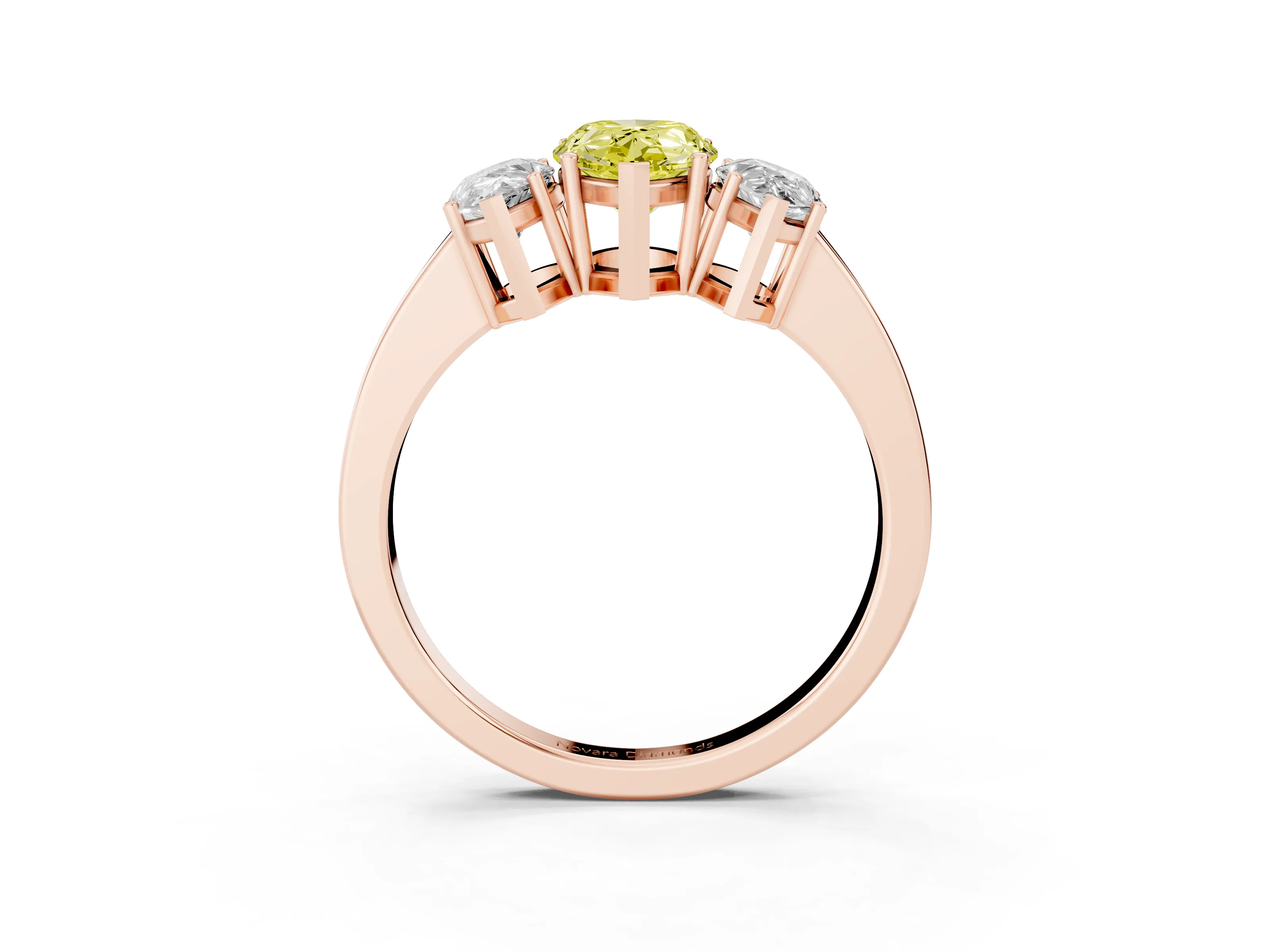 Fancy Yellow Pear Cut Diamond Three-Stone Engagement Ring Set in Rose gold with Flat Band