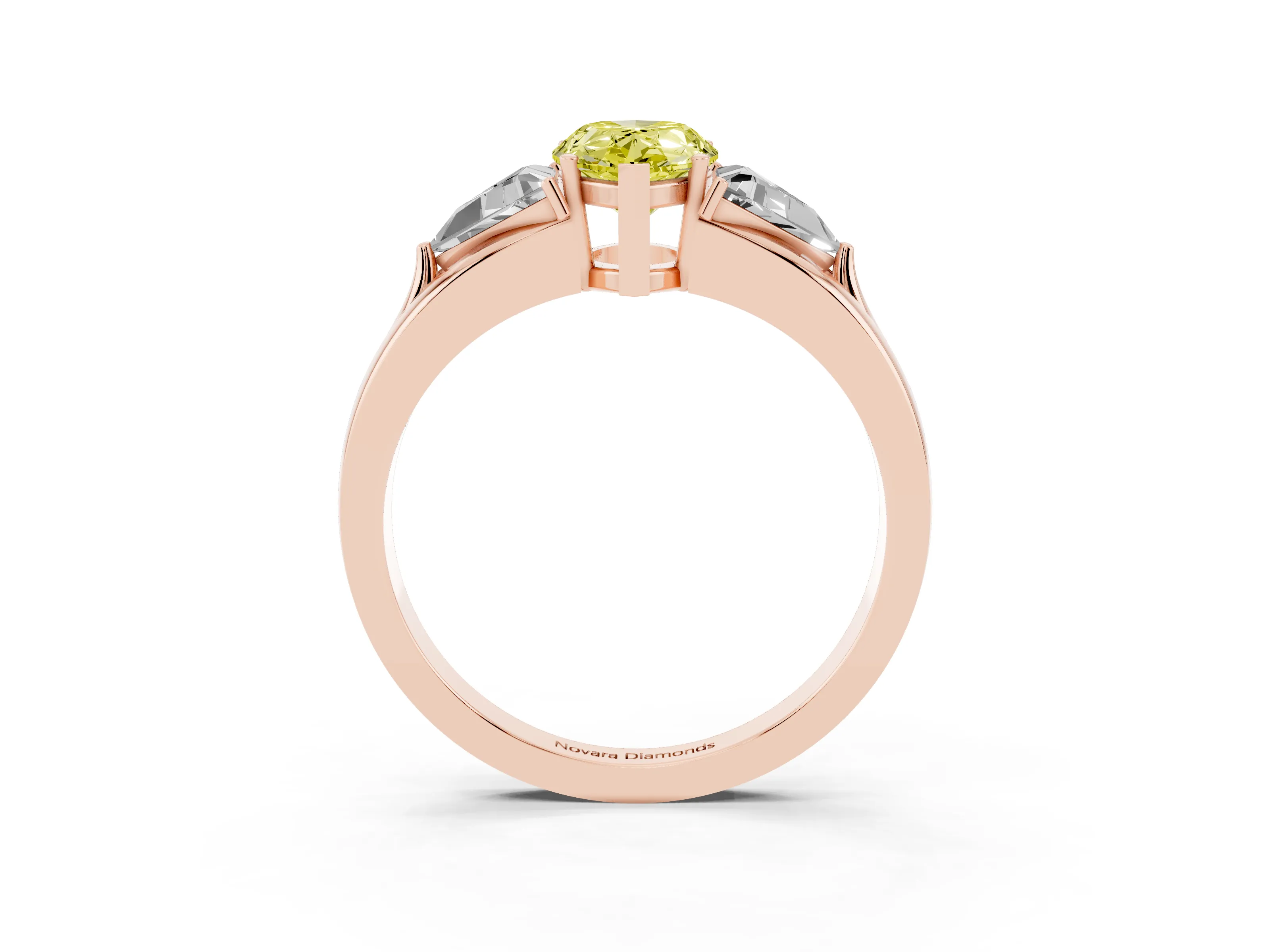 Fancy Yellow Pear Cut Diamond Three-Stone Ring Set in Rose gold with Trillion Side Stones and Split Shank