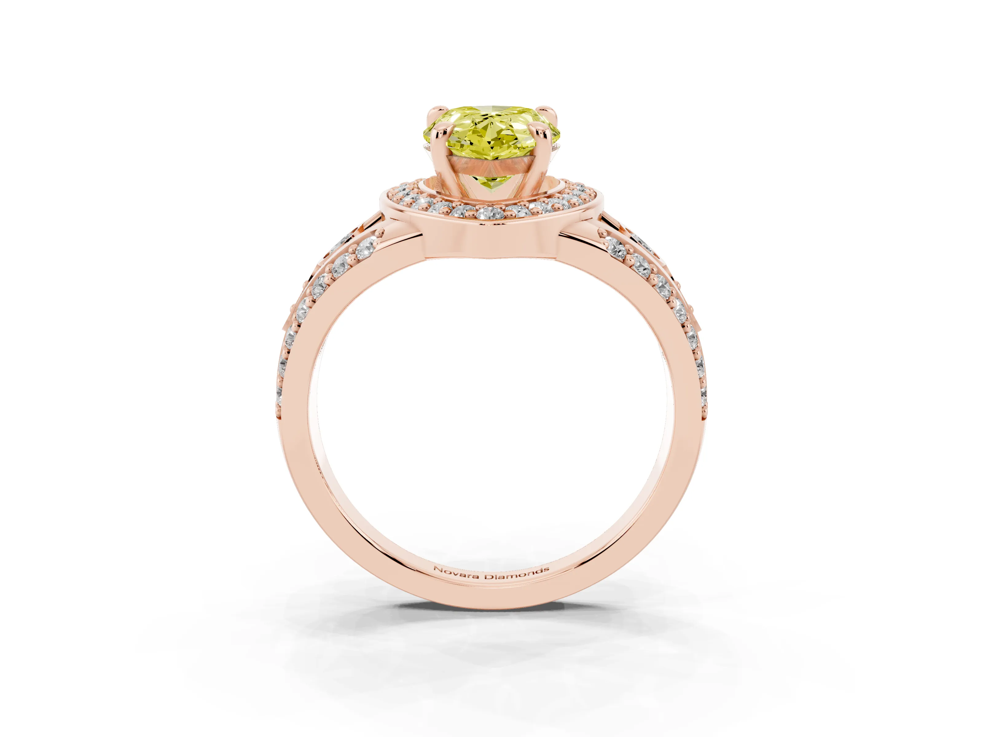 Fancy Yellow Pear Cut Diamond Halo Ring Set in Rose gold with Pavé Split Shank and Bezel Accents