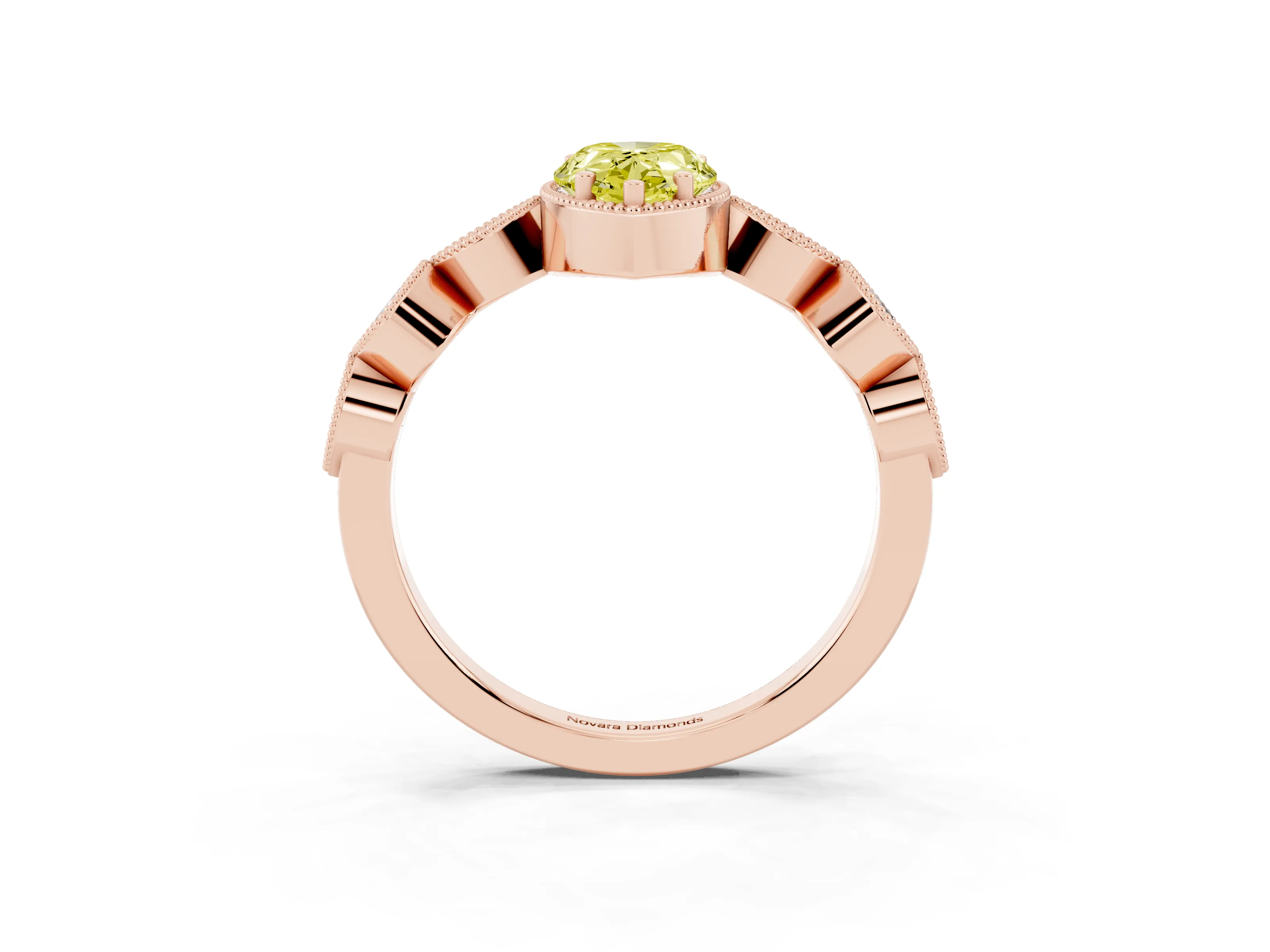 Fancy Yellow Pear Cut Diamond Vintage-Inspired Milgrain Ring Set in Rose gold with Marquise Stations of Round Accents
