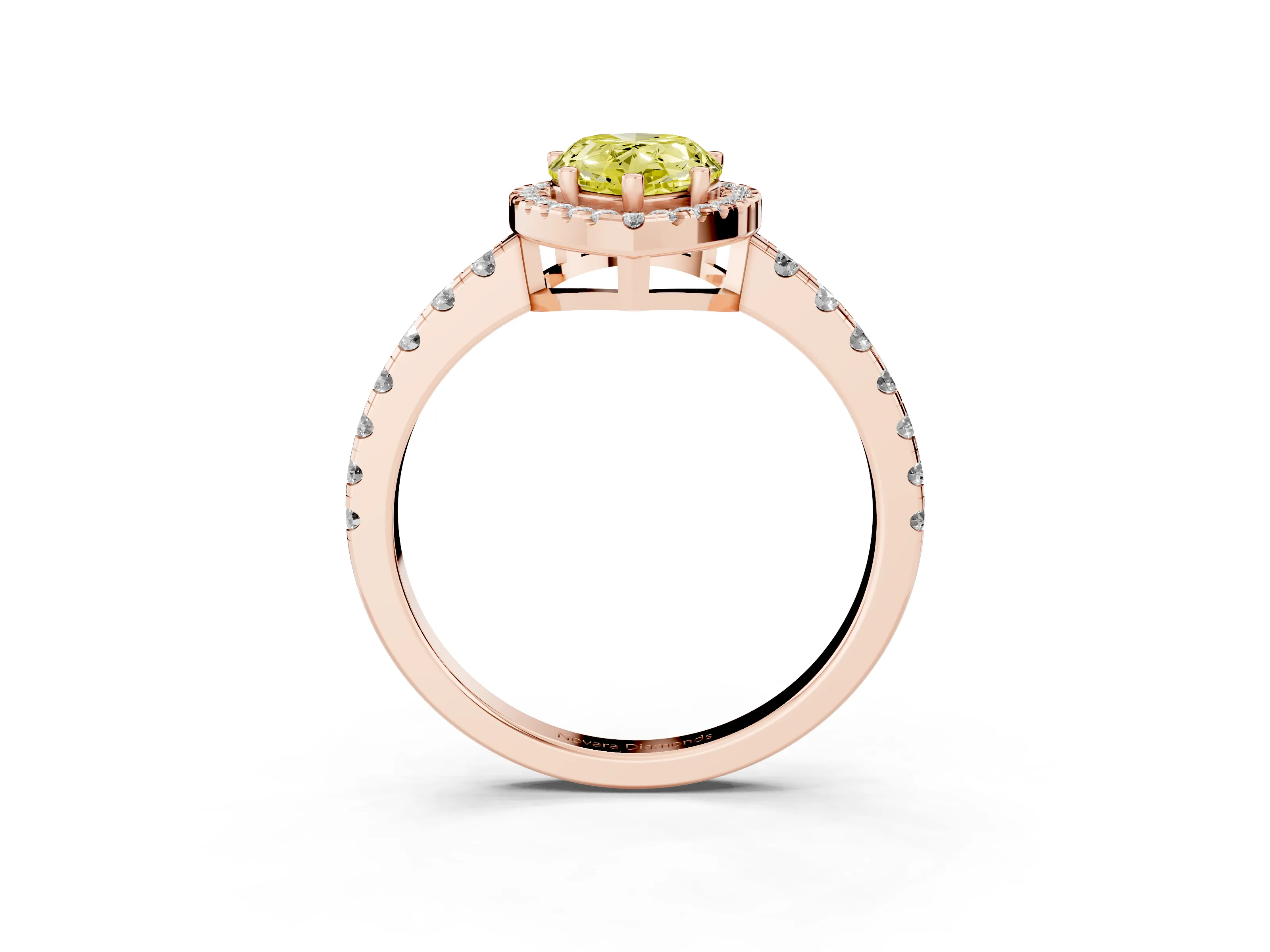 Fancy Yellow Pear Cut Diamond Halo Ring Set in Rose gold with Delicate Pavé Band and Prong Setting