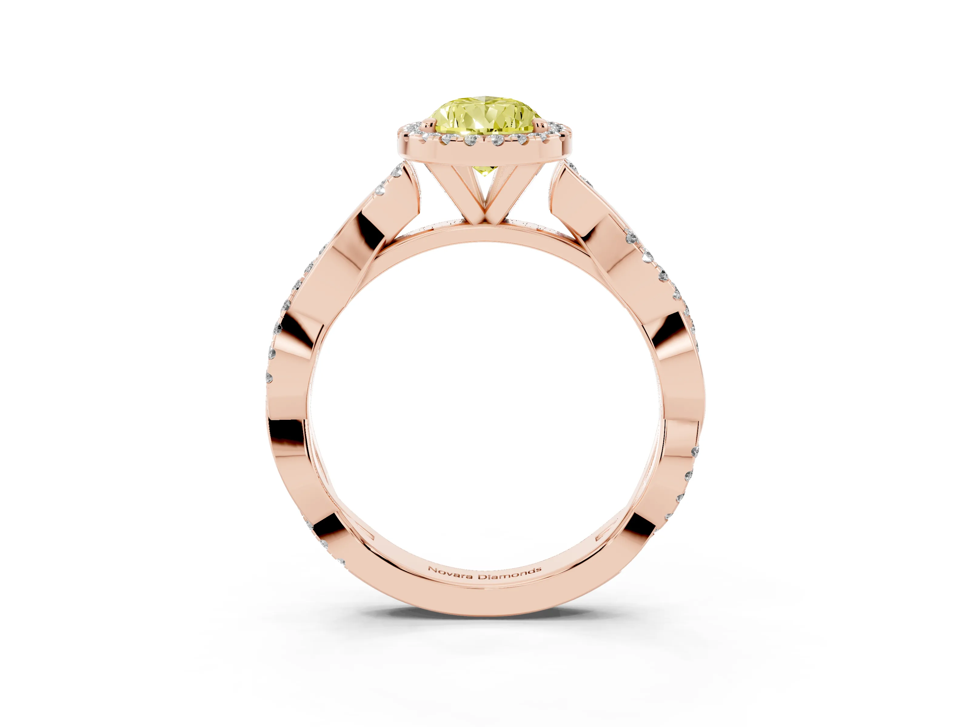 Fancy Yellow Pear Cut Diamond Halo Twisted Band Ring Set in Rose gold with Prong Setting