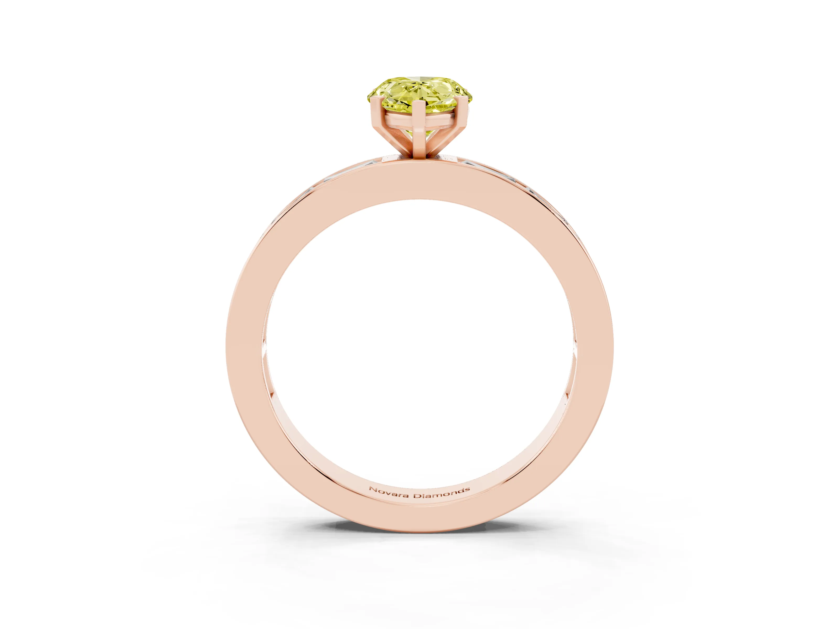 Fancy Yellow Pear Cut Diamond Solitaire Ring Set in Rose gold with Channel-Set Baguette Band and Prong Setting