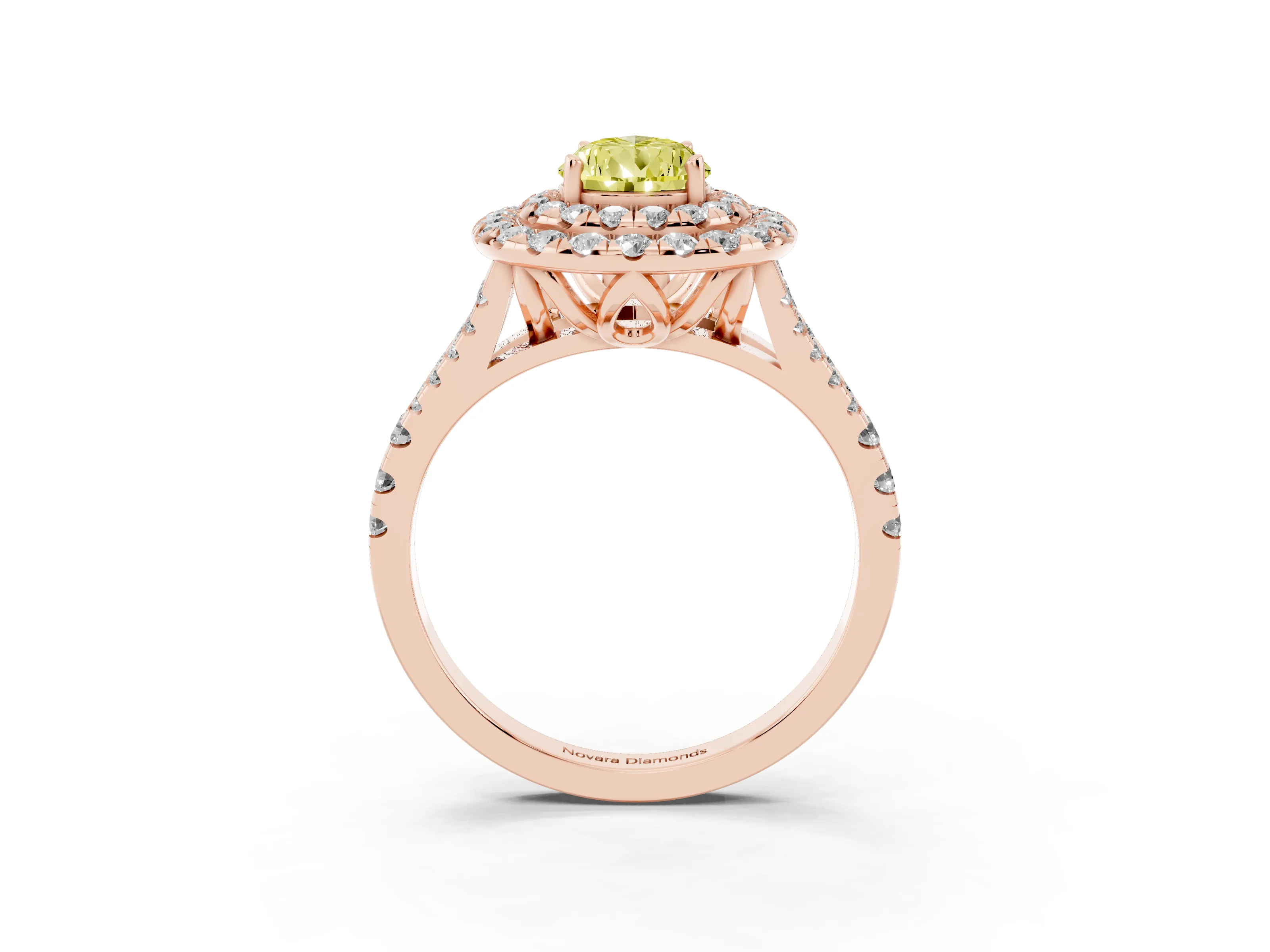 Fancy Yellow Pear Cut Diamond Double Halo Ring Set in Rose gold with Pavé Split Shank and Prong Setting