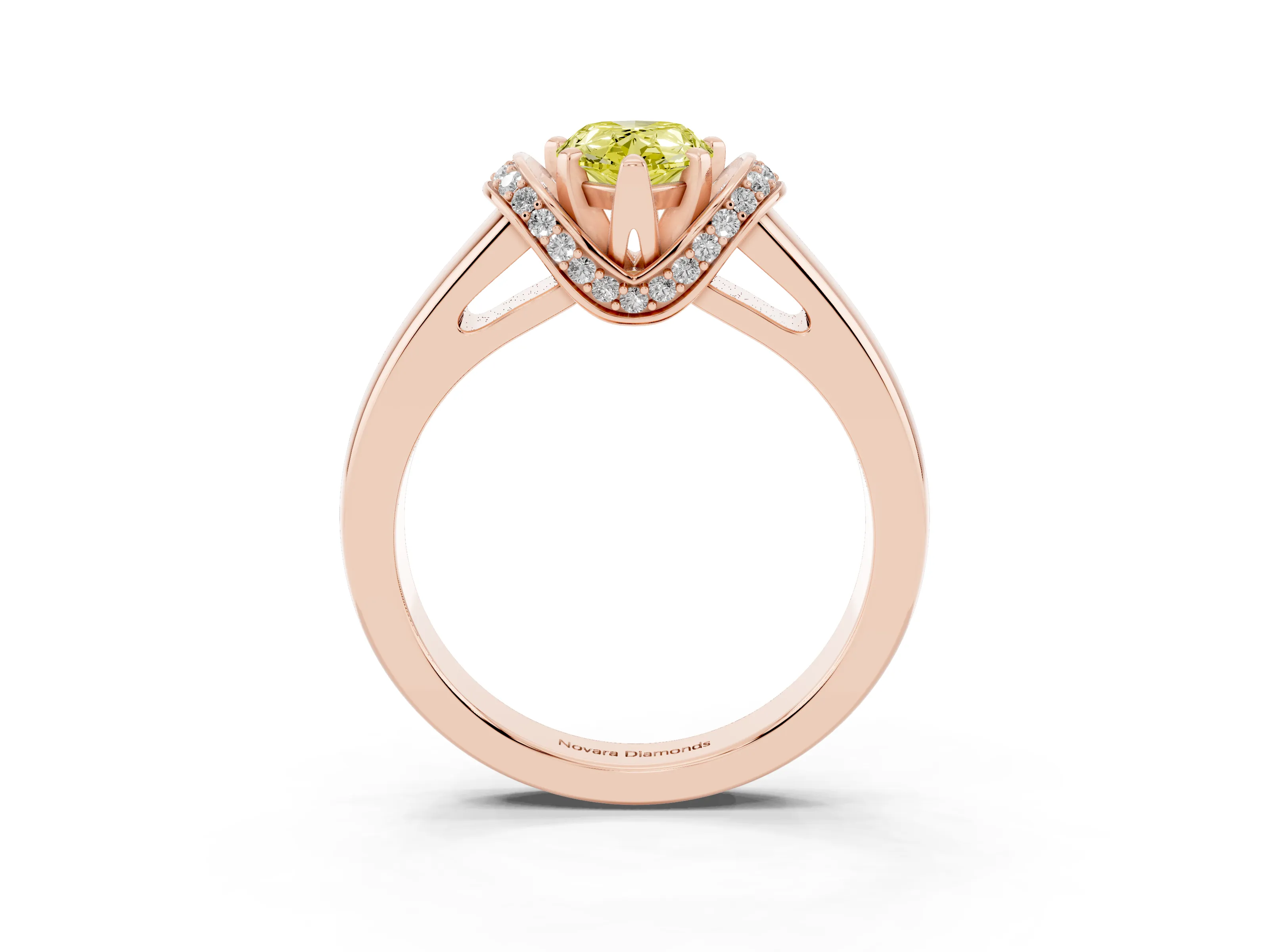Fancy Yellow Pear Cut Diamond Pavé Band Solitaire Ring Set in Rose gold with Prong Setting
