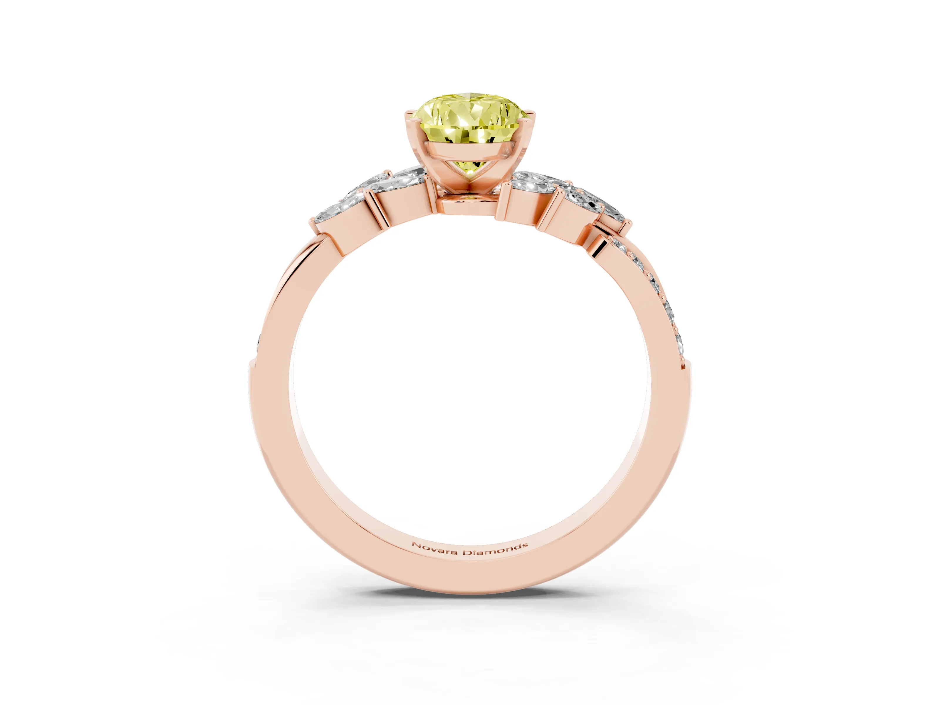 Fancy Yellow Pear Cut Diamond Solitaire Ring Set in Rose gold with Marquise Twist Band and Prong Setting