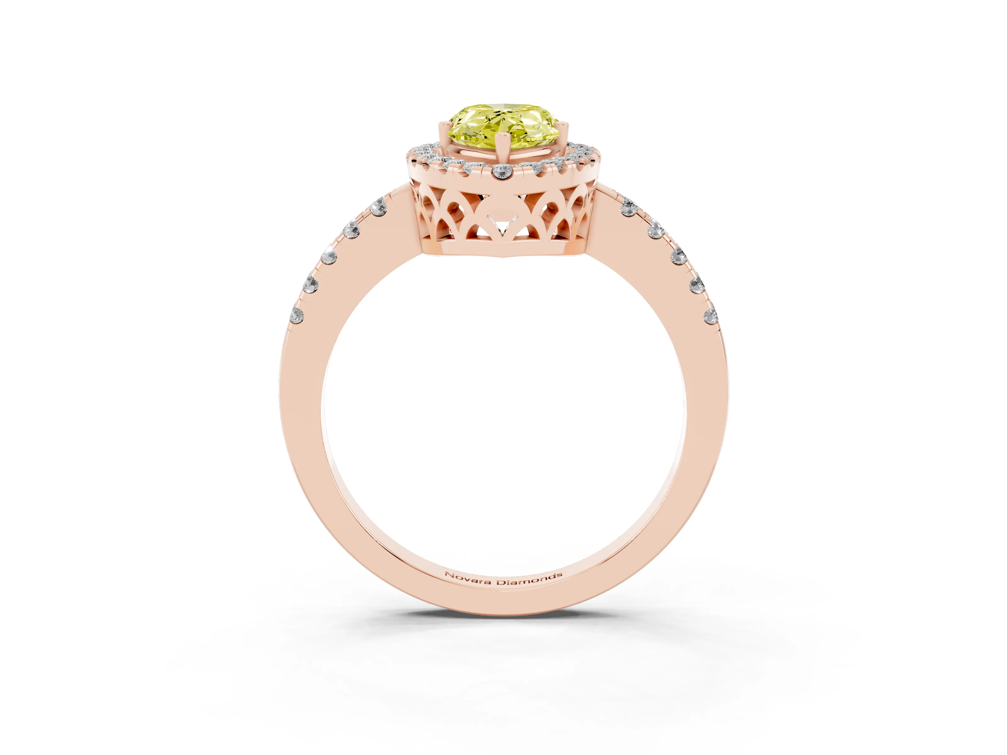 Fancy Yellow Pear Cut Diamond Pavé Band Halo Engagement Ring Set in Rose gold with Prong Setting
