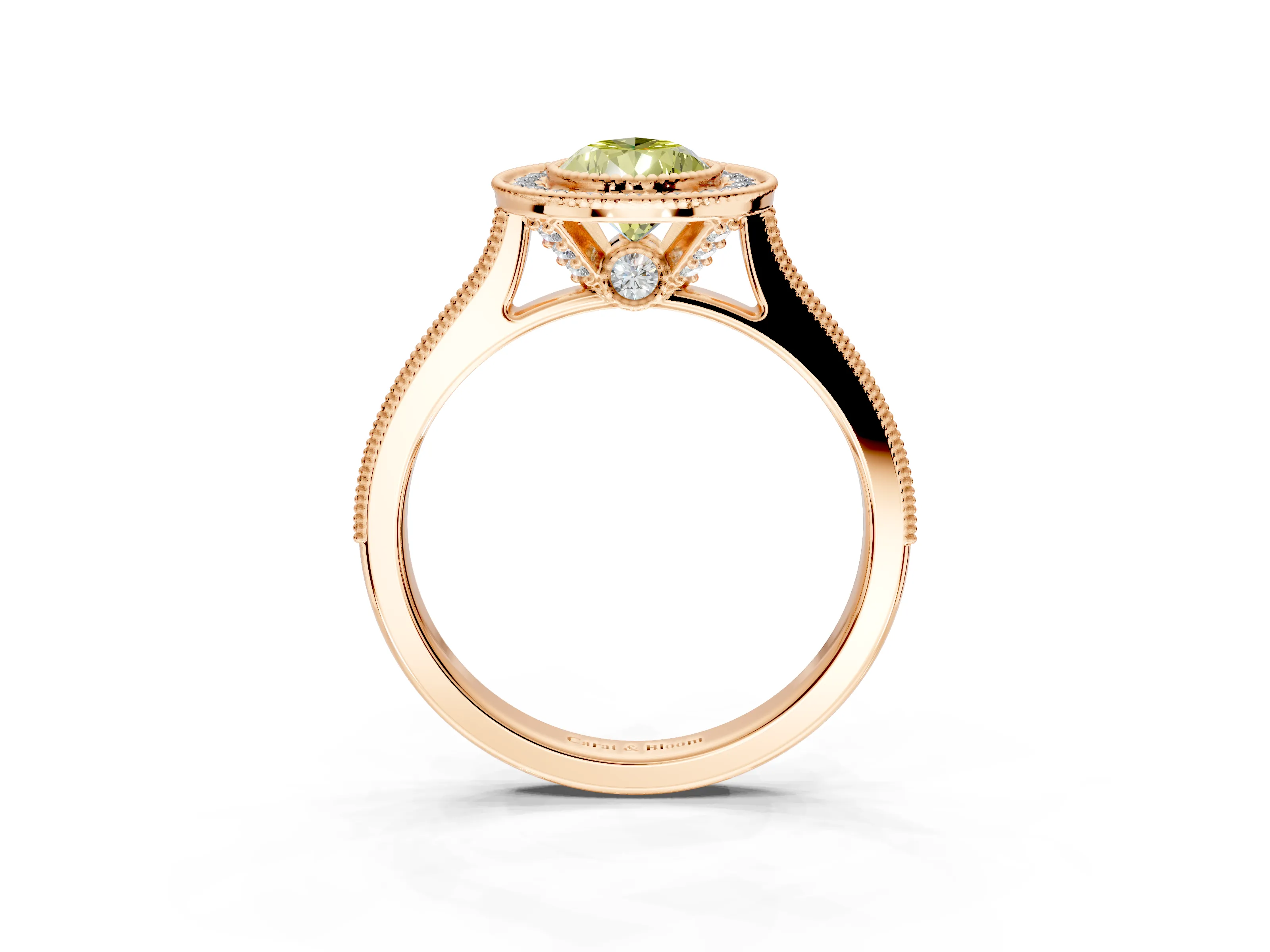 Halo Engagement Ring Setting for Fancy Yellow Pear-Shaped Center with Milgrain Pave Band and Bezel Head in Rose Gold