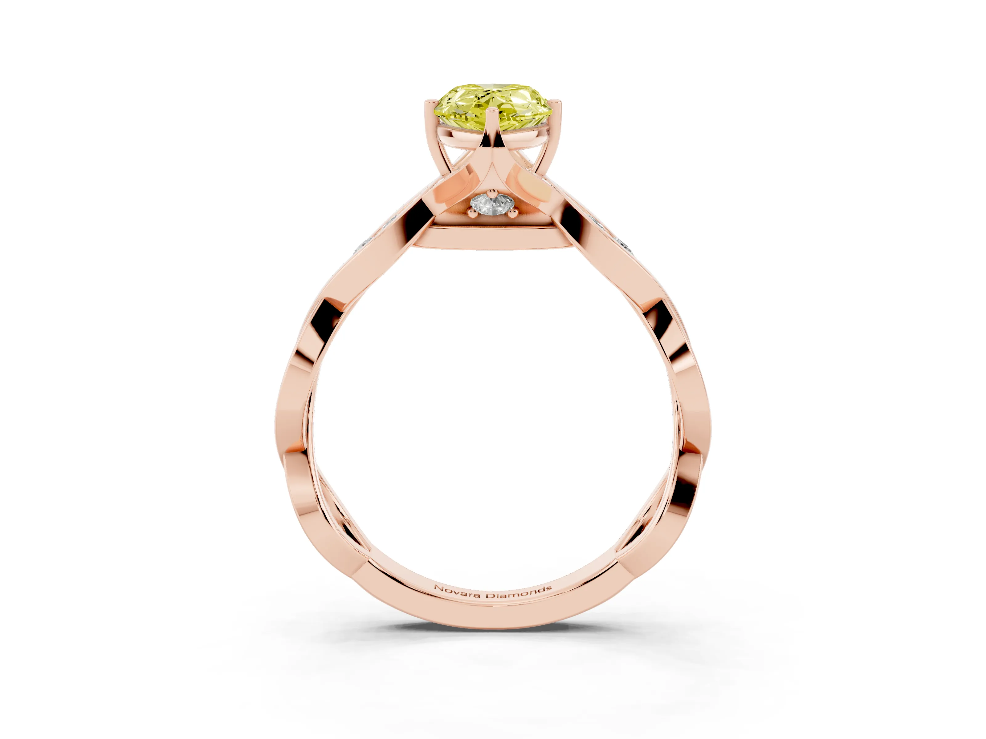 Fancy Yellow Pear Cut Diamond Twist Band Solitaire Ring Set in Rose gold with Leaf Prong Setting and Accent Stones