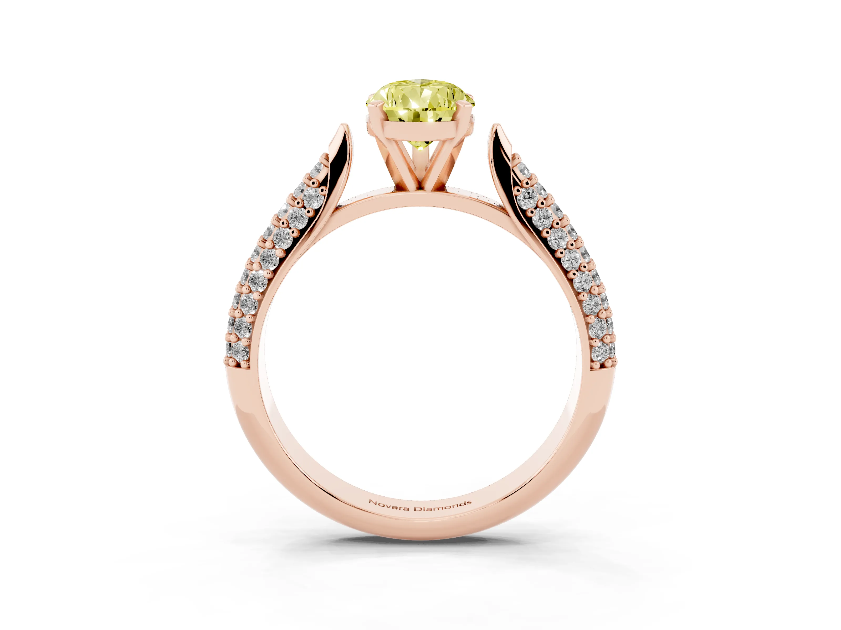 Fancy Yellow Pear Cut Diamond Solitaire Engagement Ring Set in Rose gold with Multi-Row Round Pavé Band and Prong Setting