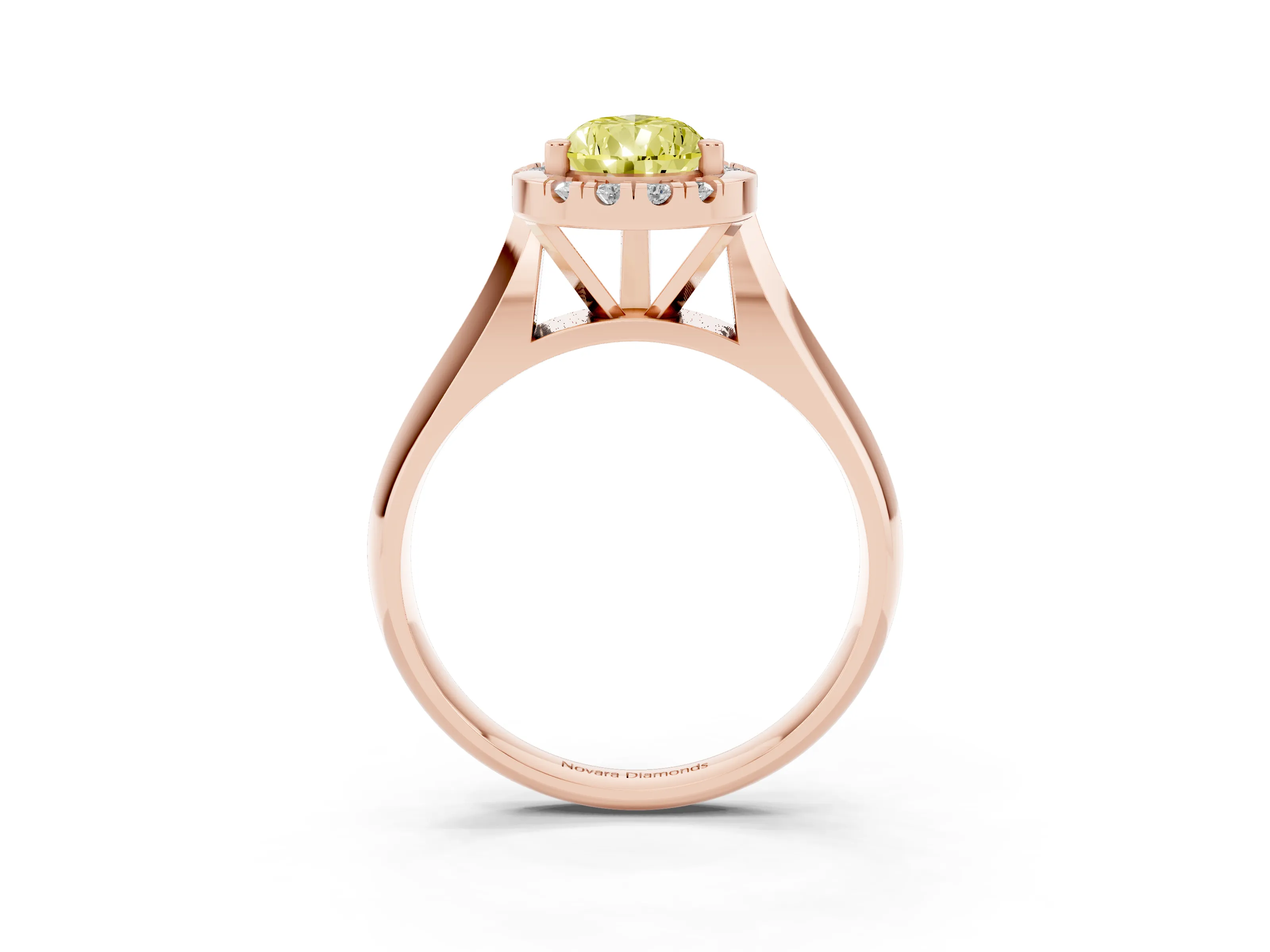 Fancy Yellow Pear Cut Diamond Halo Solitaire Engagement Ring Set in Rose gold with Square Band and Prong Setting