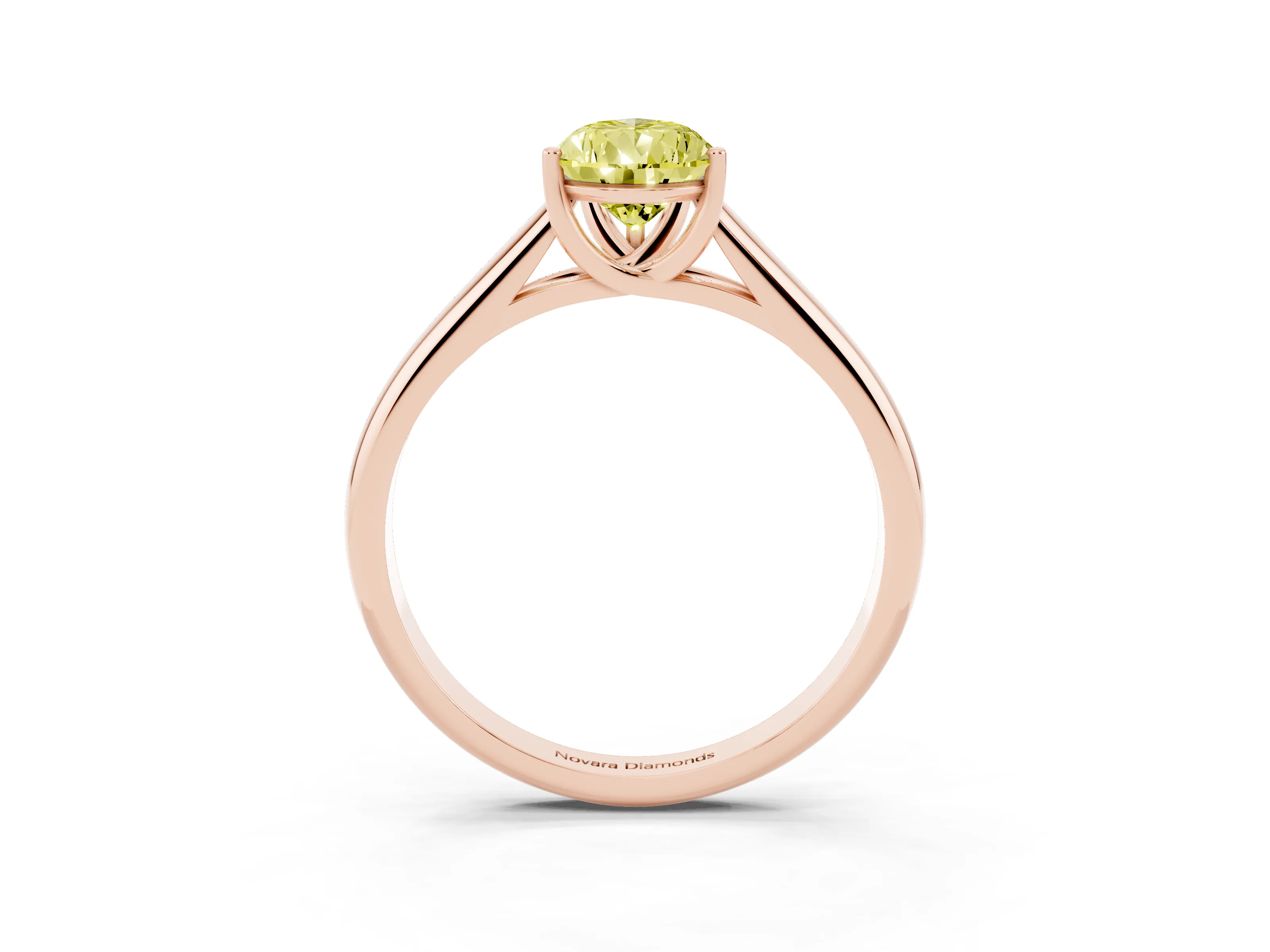 Fancy Yellow Pear Cut Diamond Solitaire Engagement Ring Set in Rose gold with Subtly Tapered Band and Prong Setting