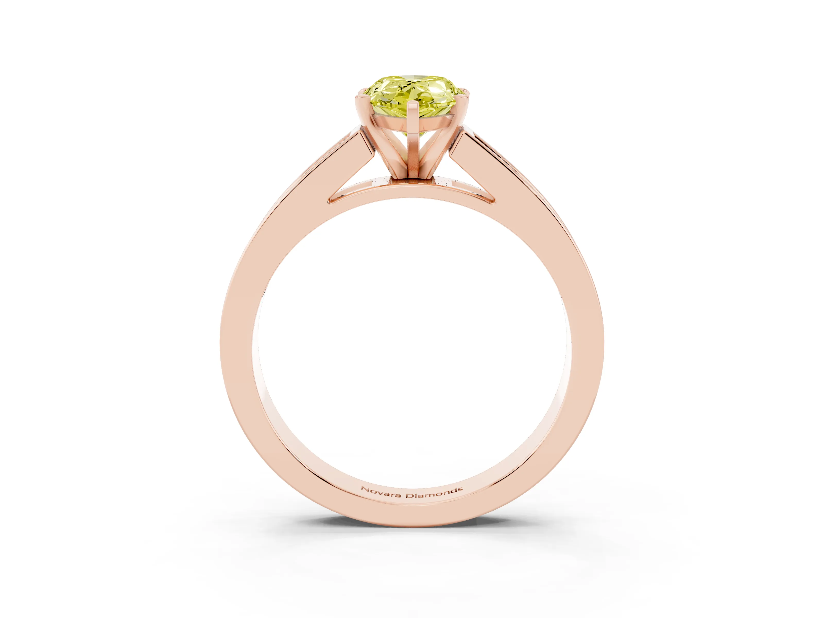Fancy Yellow Pear Cut Diamond Solitaire Ring Set in Rose gold with Channel-Set Band and Prong Setting