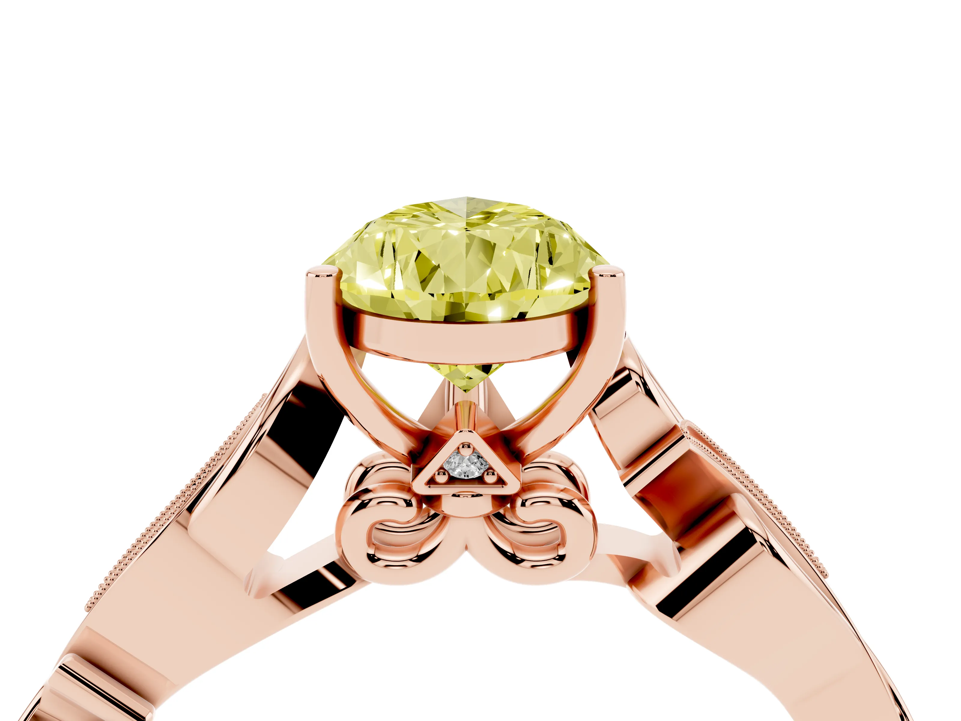 Fancy Yellow Pear Cut Diamond Vine Band Solitaire Ring Set in Rose gold with Milgrain Prong Setting