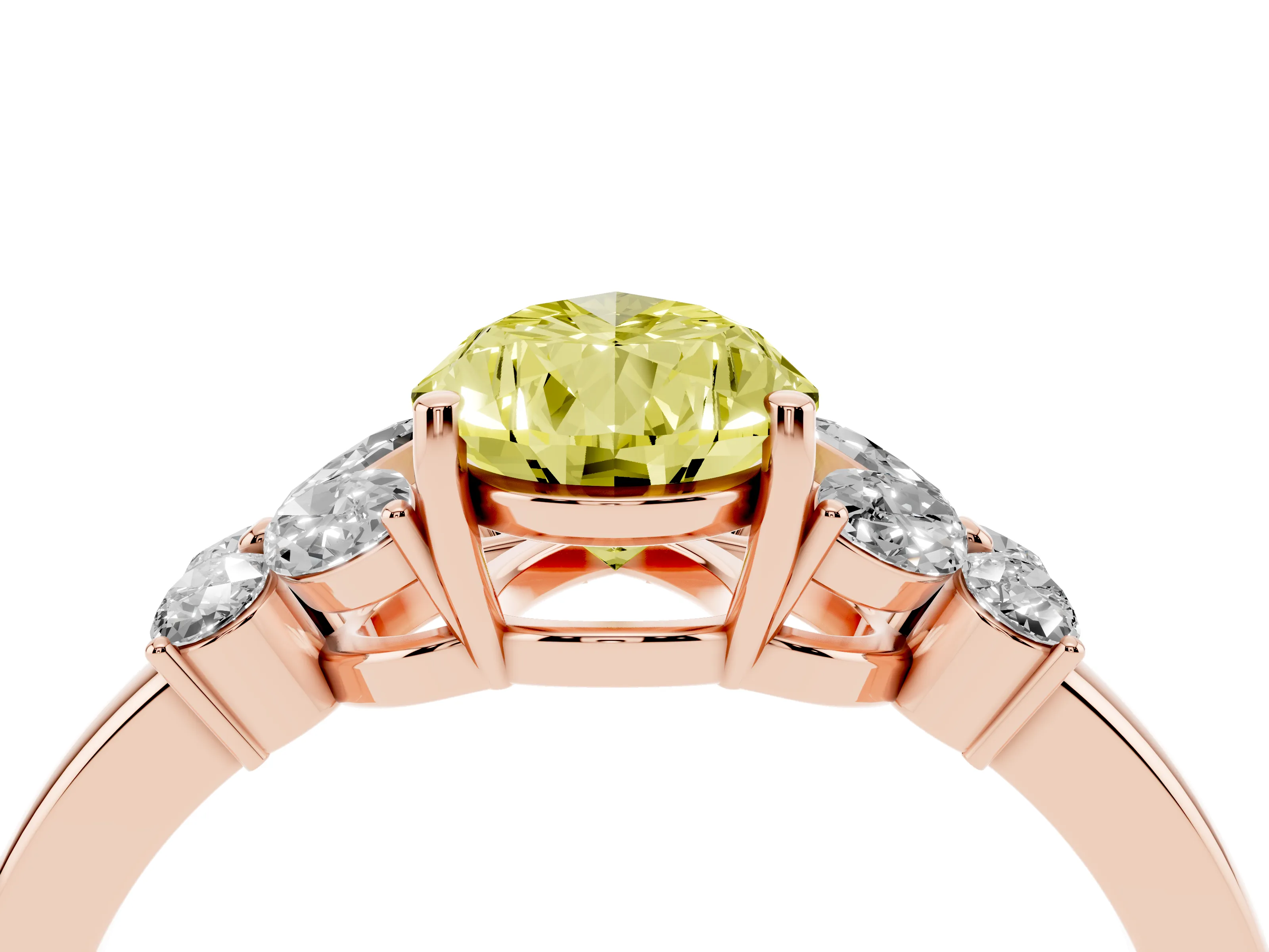 Fancy Yellow Pear Cut Diamond Solitaire Floral Ring Set in Rose gold with Marquise Petals and Prong Setting