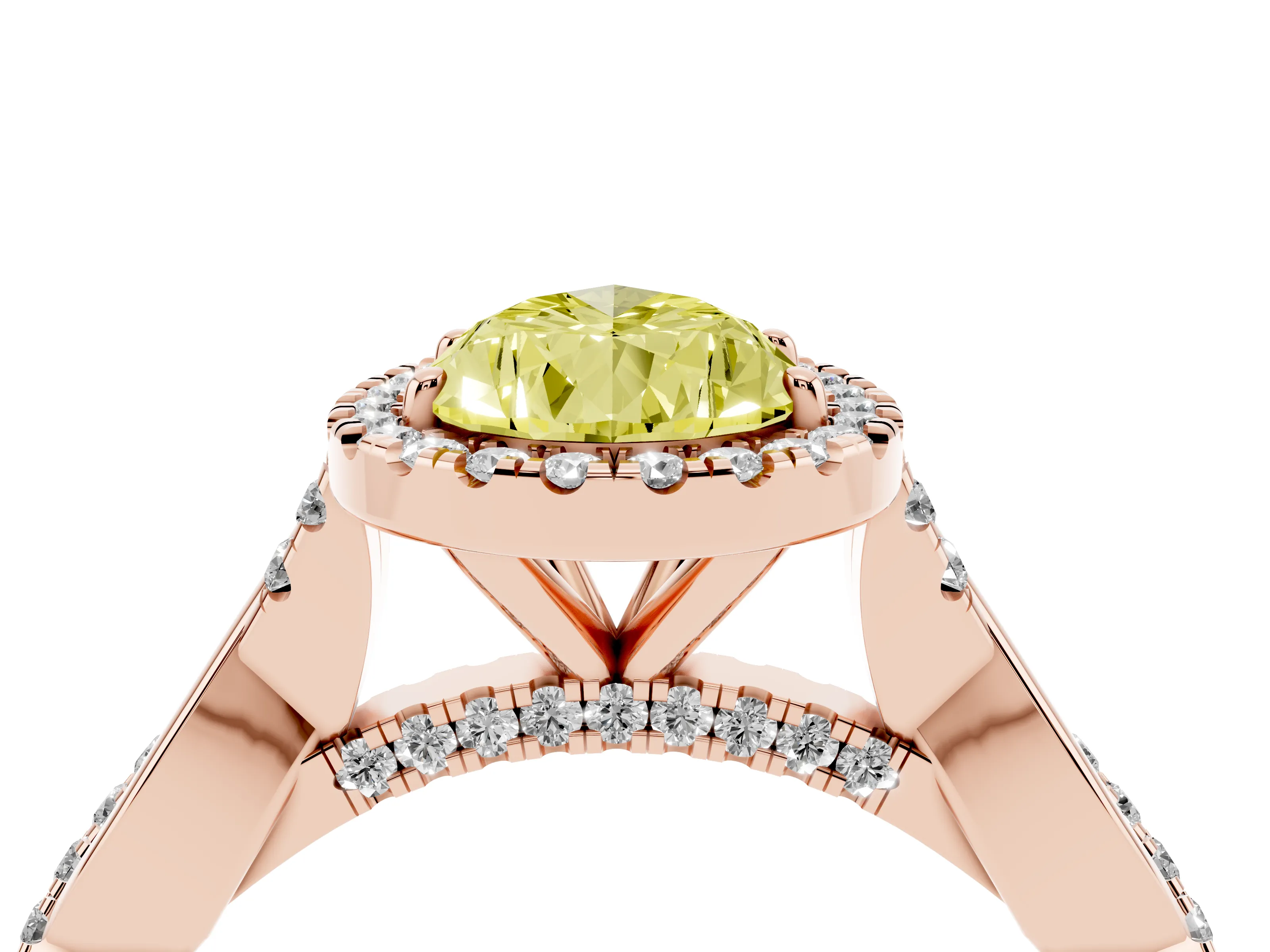 Fancy Yellow Pear Cut Diamond Halo Twist Band Solitaire Ring Set in Rose gold with Prong Setting