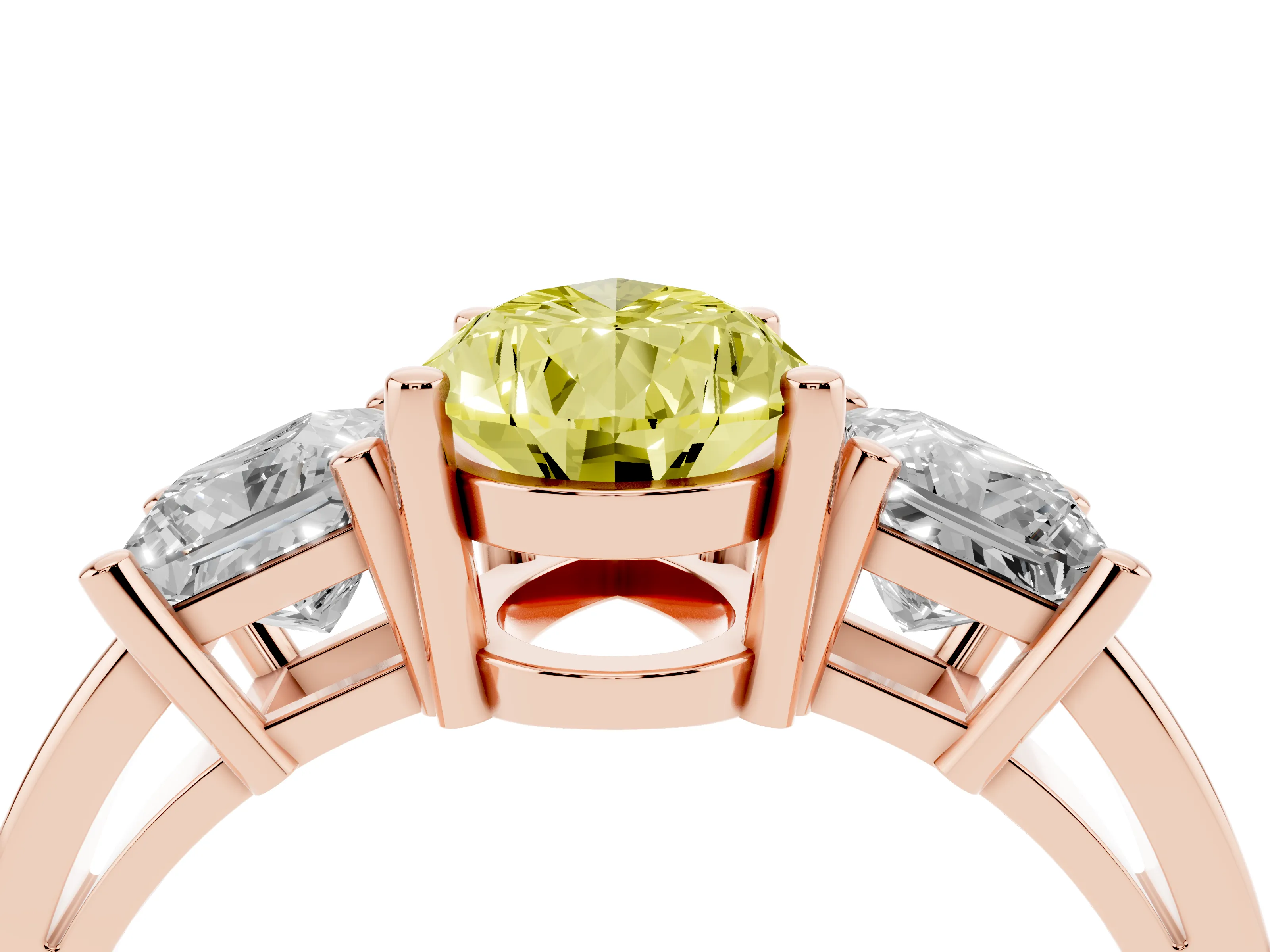 Fancy Yellow Three-Stone Pear Cut Diamond Solitaire Ring Set in Rose gold with Prong Setting