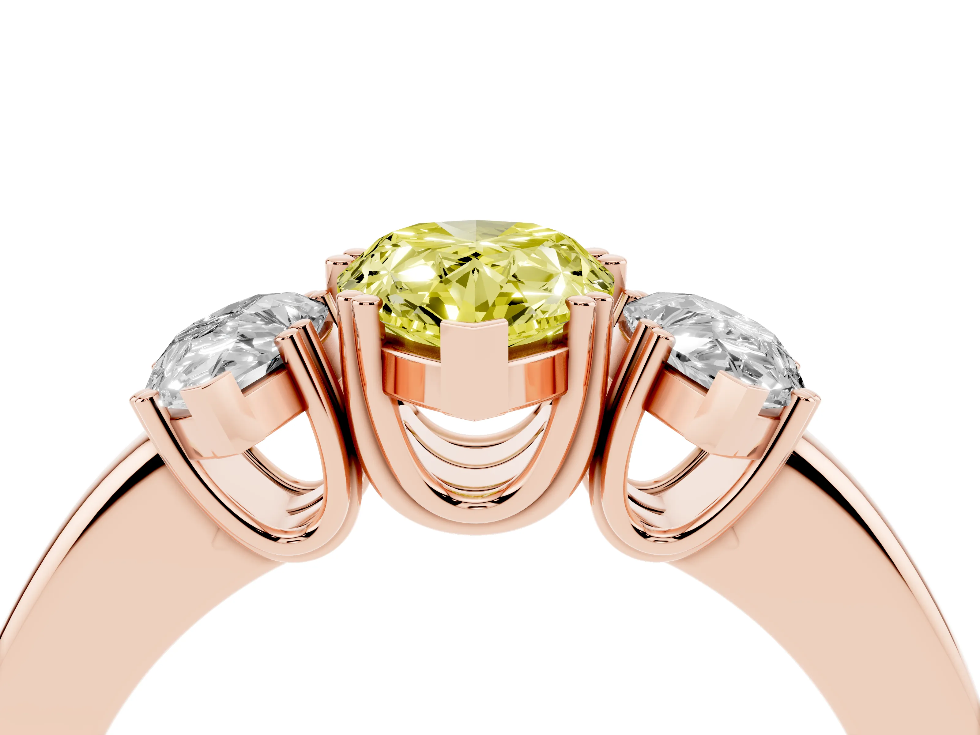 Fancy Yellow Pear Cut Diamond Three-Stone Ring Set in Rose gold with Polished Channel-Set Band