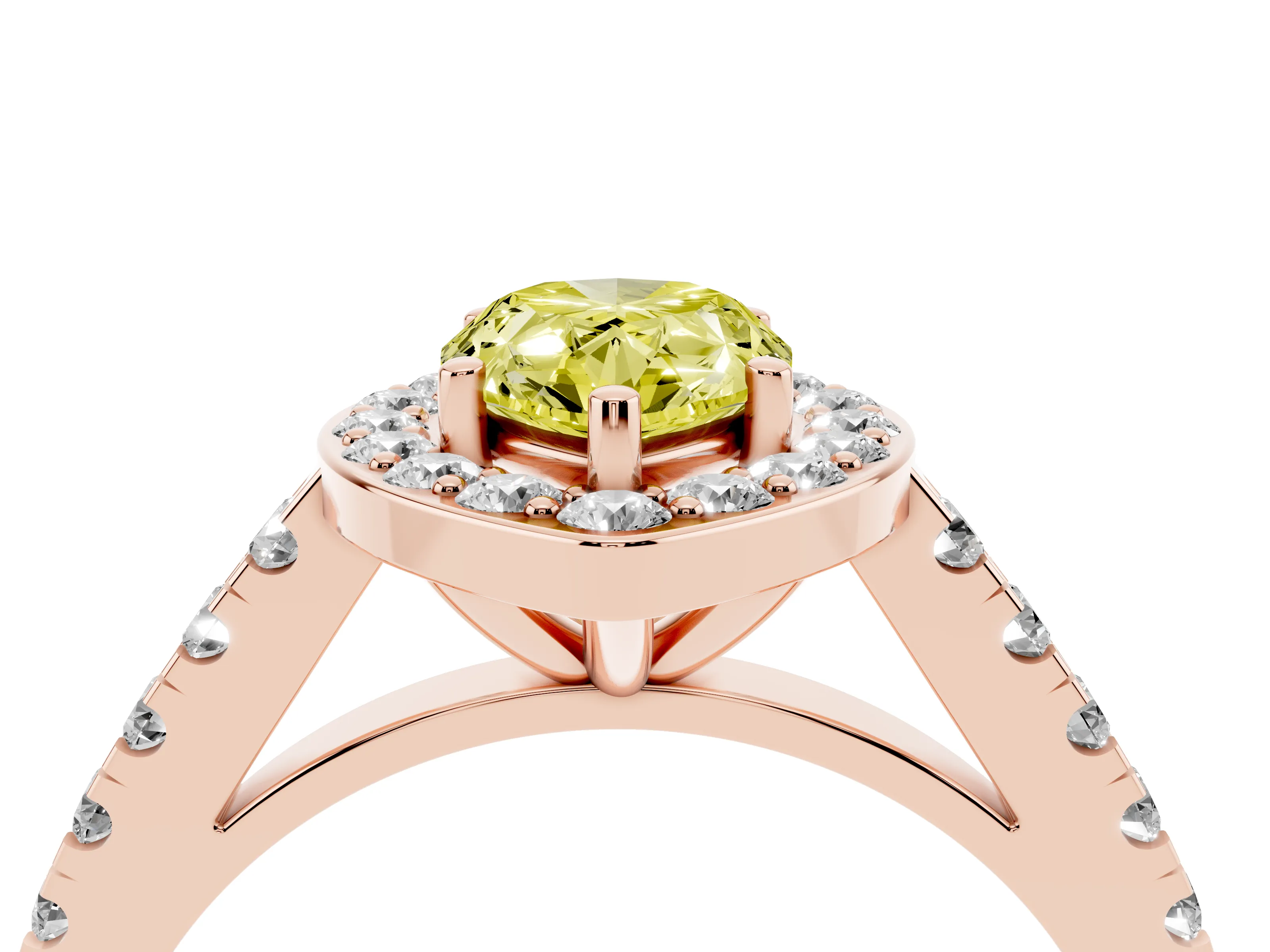 Fancy Yellow Pear Cut Diamond Halo Ring Set in Rose gold with Round Pavé Split Shank and Prong Setting
