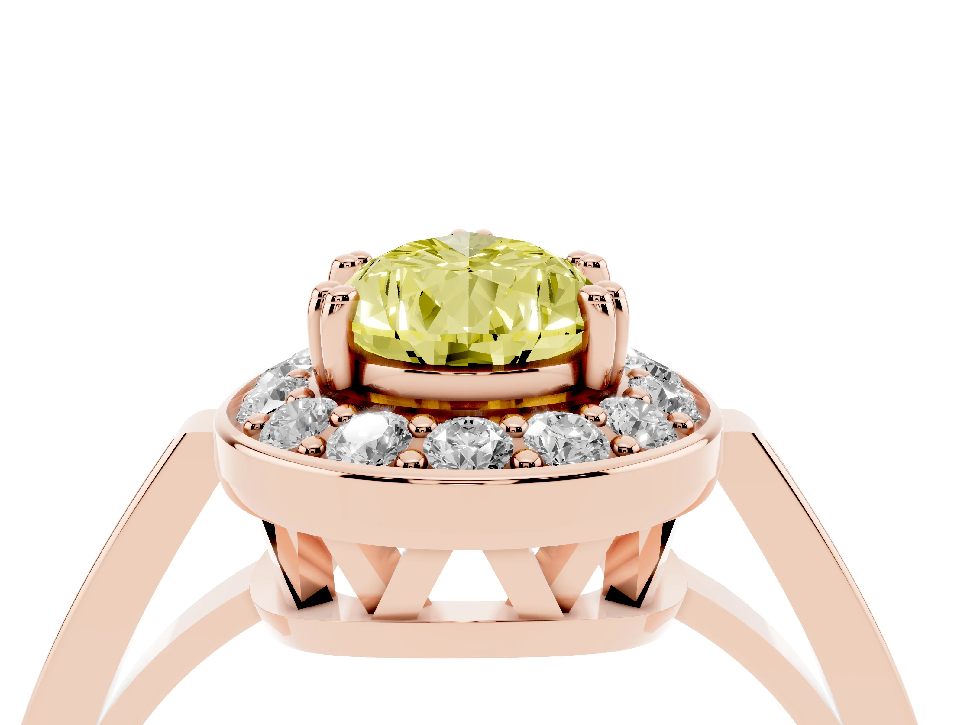 Fancy Yellow Pear Cut Diamond Halo Ring Set in Rose gold with Accent-Lined Split Shank and Prong Setting