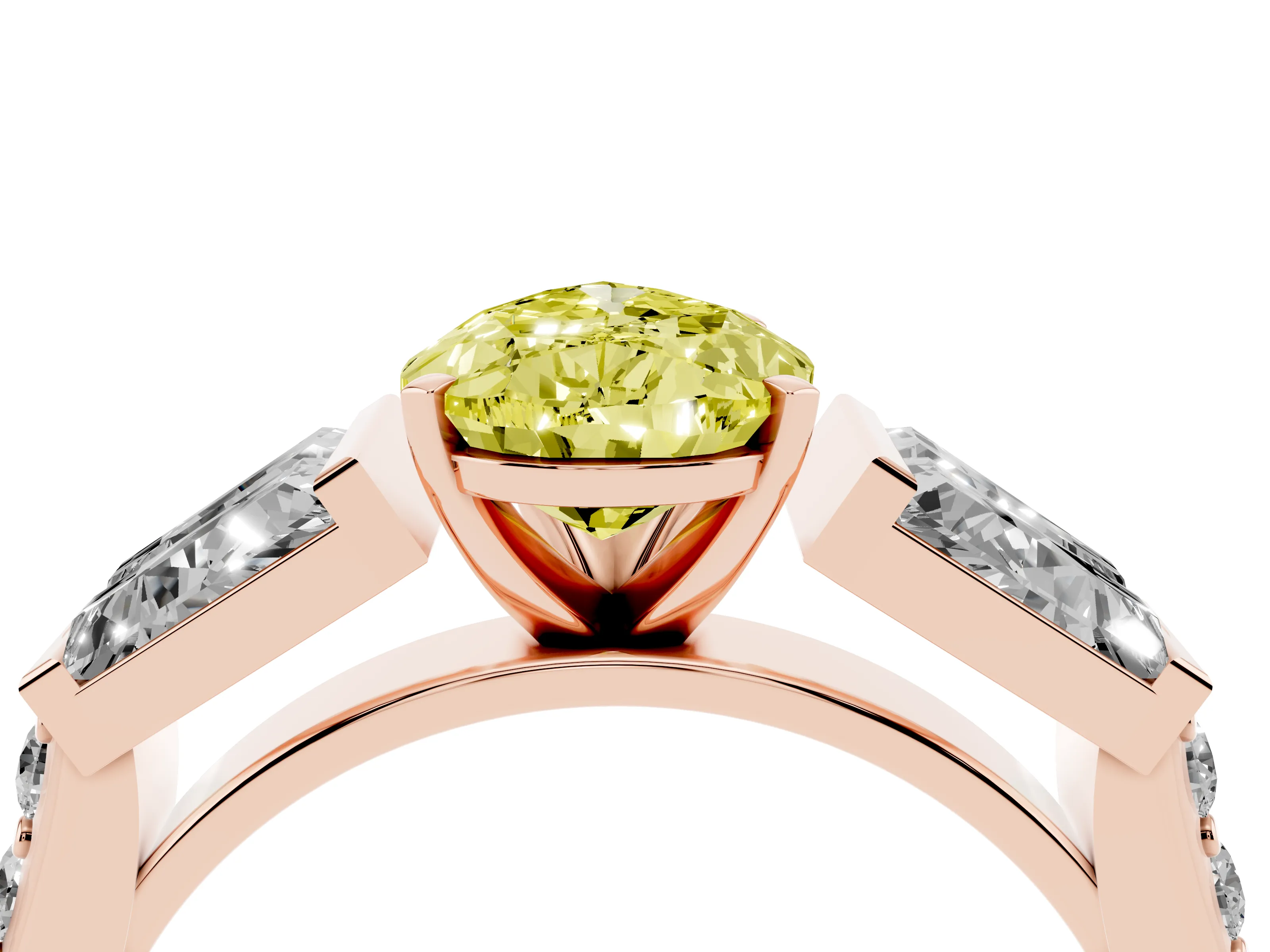 Fancy Yellow Pear Cut Diamond Engagement Ring Set in Rose gold with Baguette Side Stones and Channel Set Band