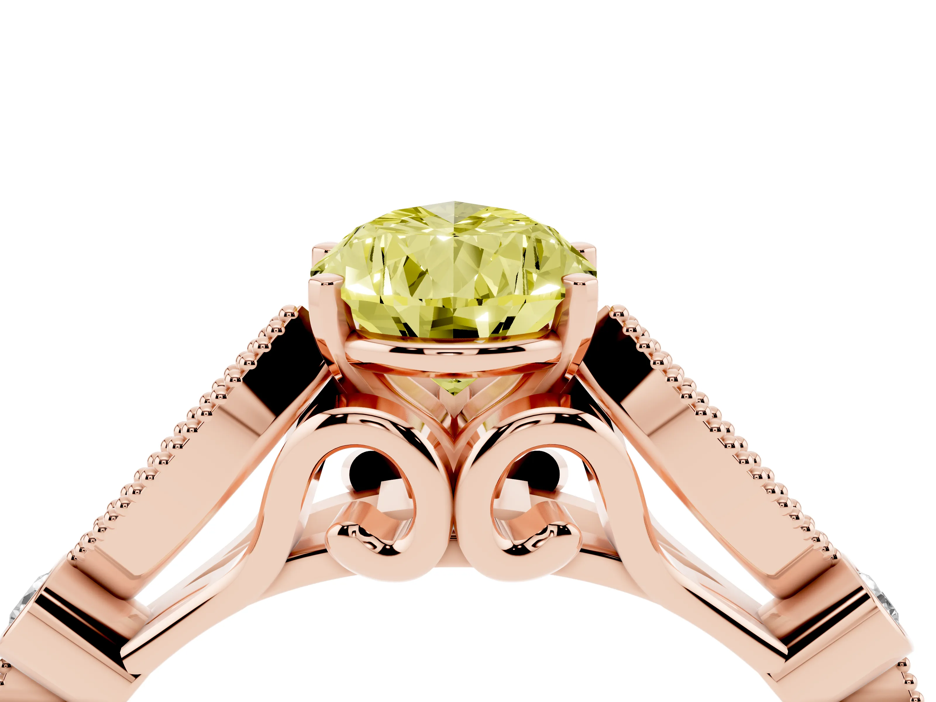 Fancy Yellow Pear Cut Diamond Solitaire Ring Set in Rose gold with Milgrain Marquise and Bezel Accents