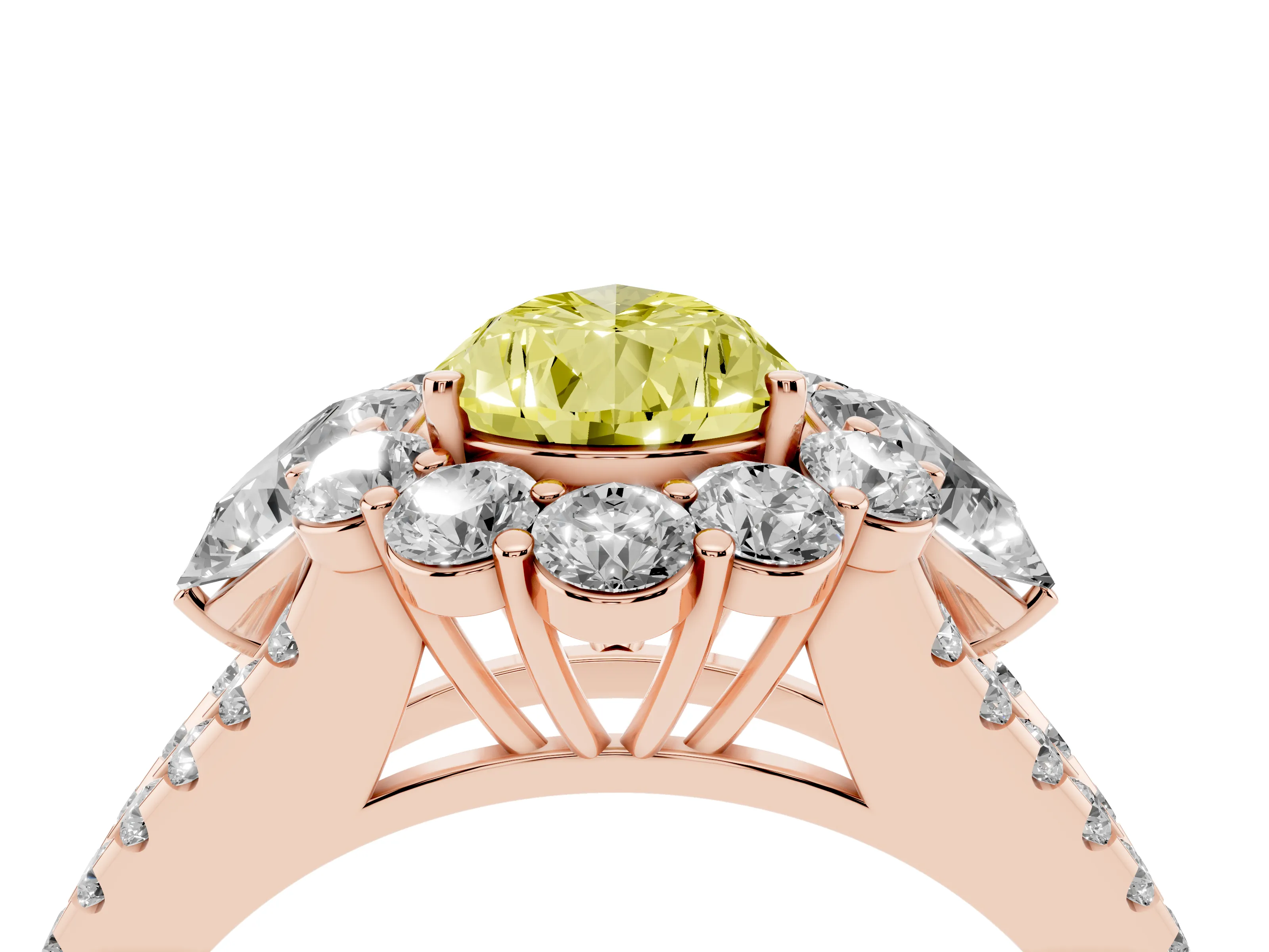 Fancy Yellow Pear Cut Diamond Halo Split Shank Engagement Ring Set in Rose gold with Prong-Held Center Stone