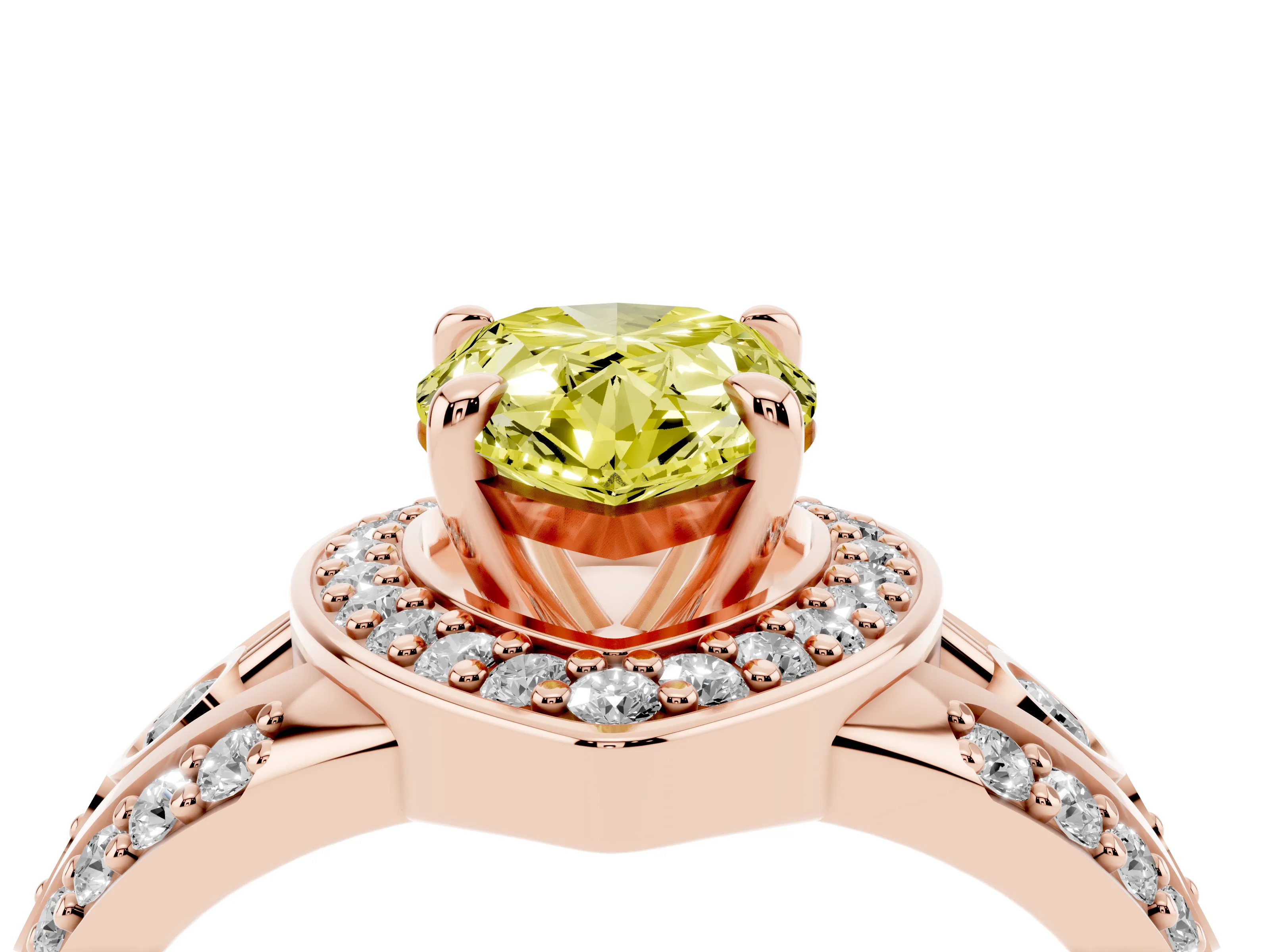 Fancy Yellow Pear Cut Diamond Halo Ring Set in Rose gold with Pavé Split Shank and Bezel Accents