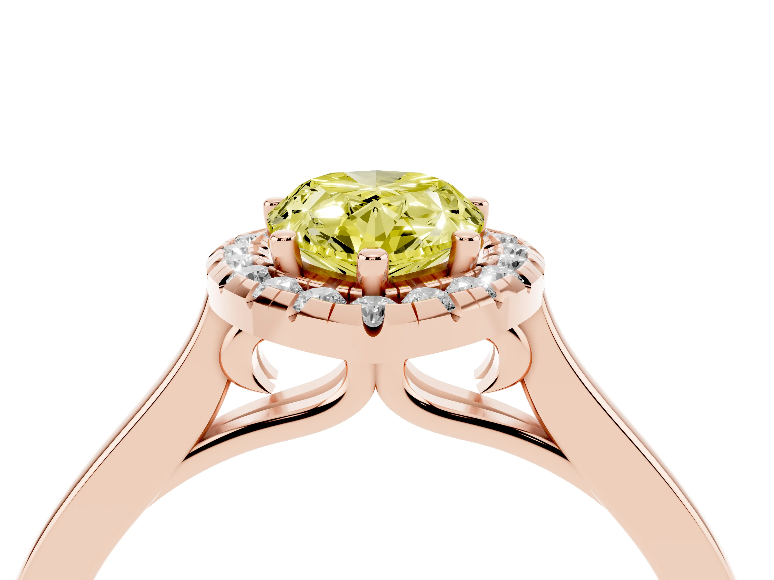 Fancy Yellow Pear Cut Halo Round Diamond Solitaire Ring Set in Rose gold with Pavé Band and Prong Setting