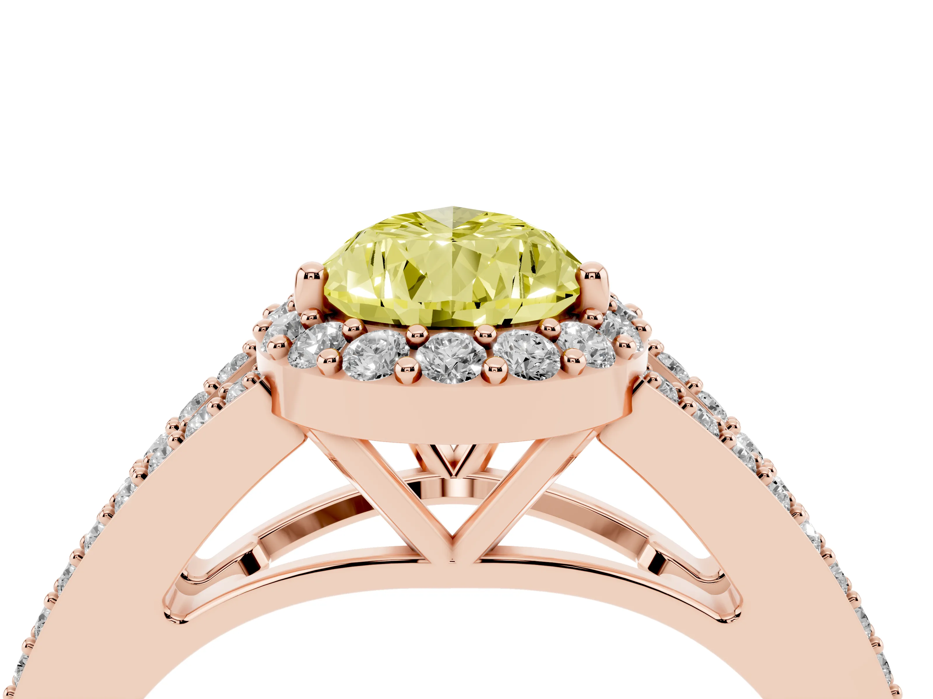 Fancy Yellow Pear Cut Diamond Halo Split Shank Pavé Ring Set in Rose gold with Prong Setting
