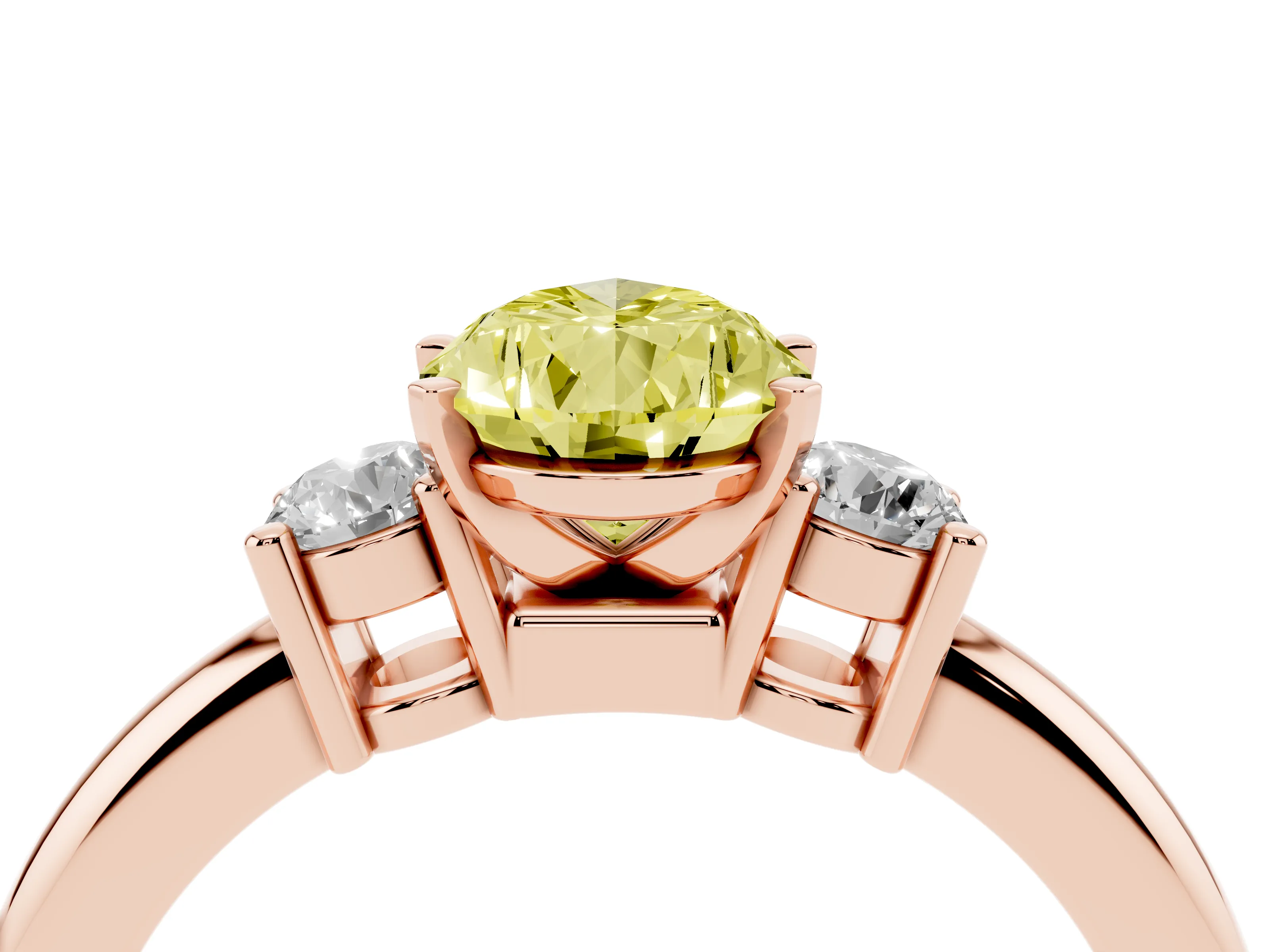 Fancy Yellow Three-Stone Pear Cut Diamond Ring Set in Rose gold with Prong Setting and Plain Band