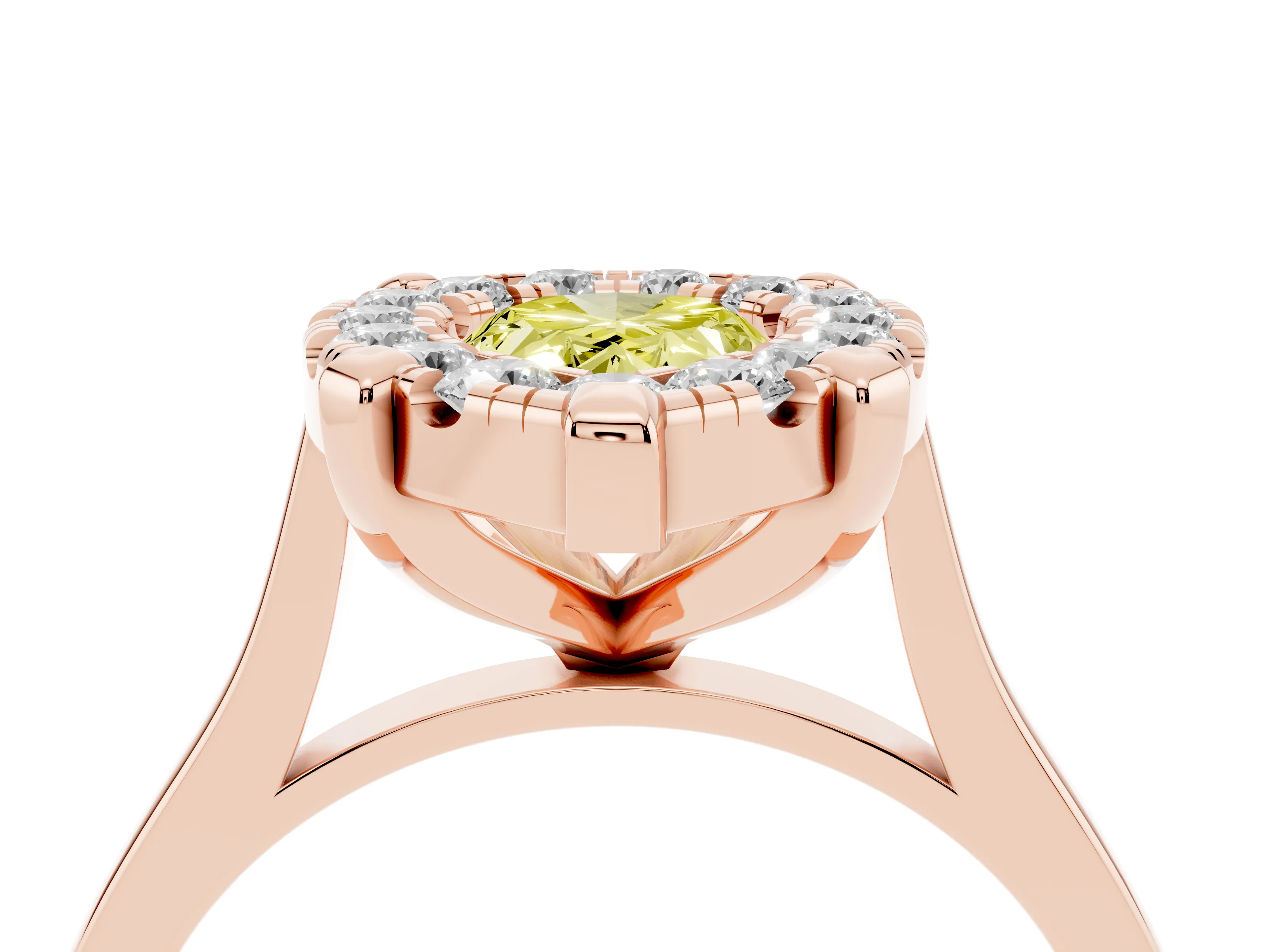 Fancy Yellow Pear Cut Diamond Cluster Halo Solitaire Ring Set in Rose gold with Prong Setting