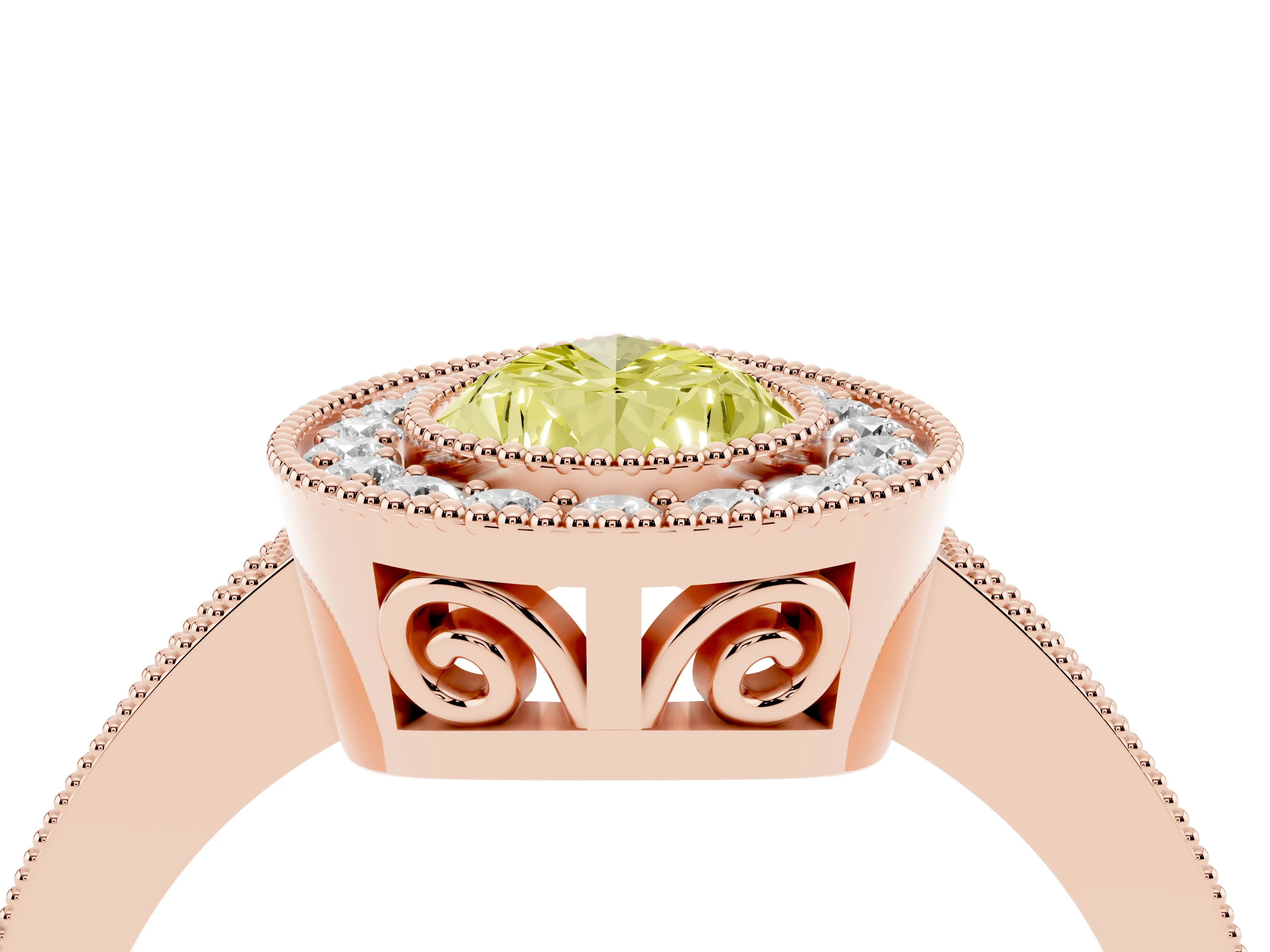 Fancy Yellow Pear Cut Diamond Round Halo Ring Set in Rose gold with Pavé Band