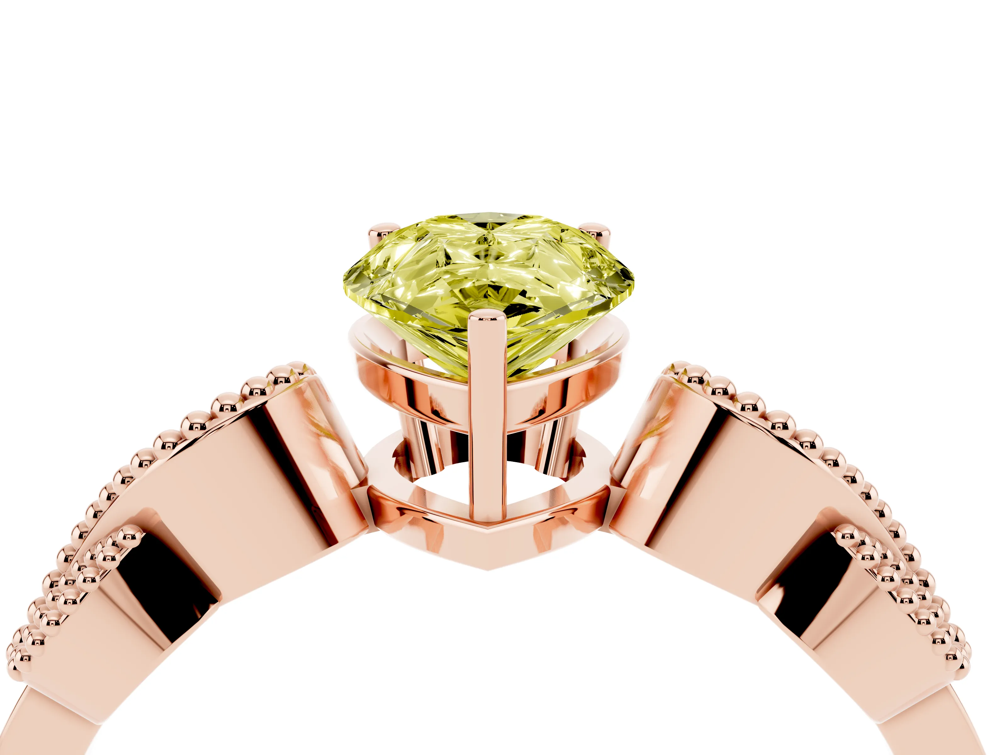 Fancy Yellow Pear Cut Diamond Milgrain Leaf Band Solitaire Ring Set in Rose gold with Accent Stones and Prong Setting
