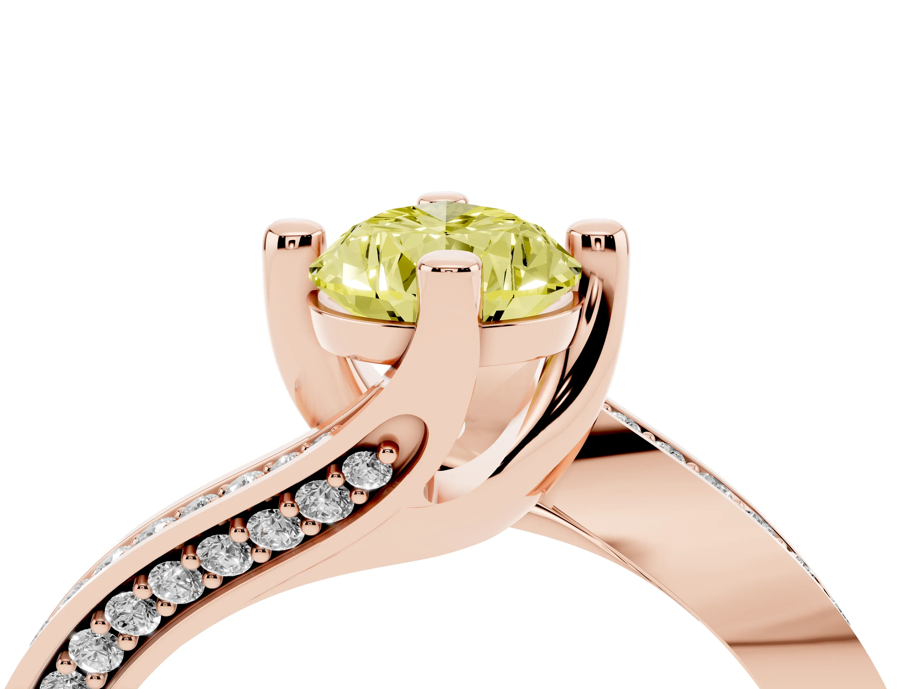 Fancy Yellow Pear Cut Diamond Solitaire Ring Set in Rose gold with Intertwined Pavé Twist Band