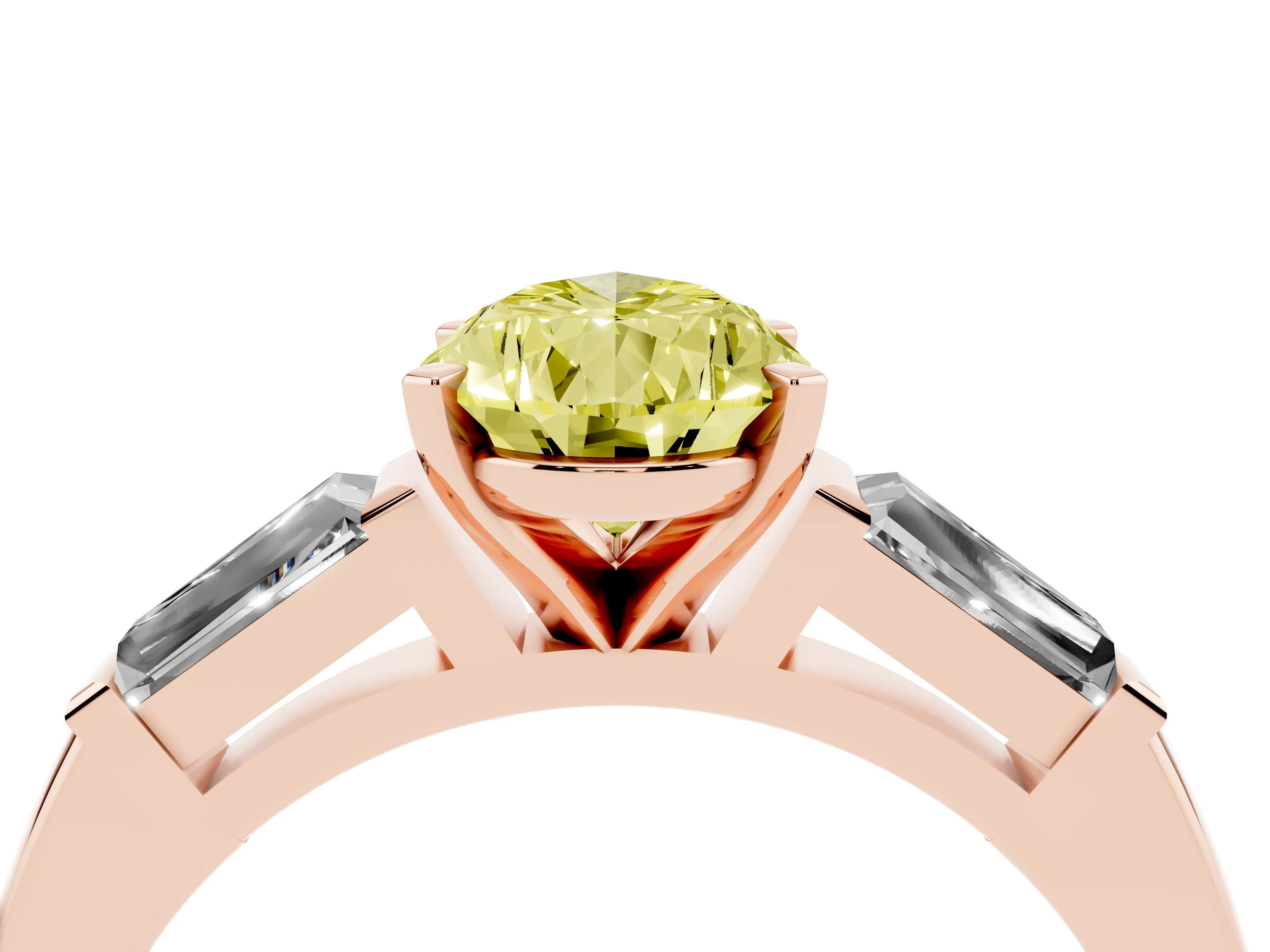 Fancy Yellow Pear Cut Diamond Solitaire Ring Set in Rose gold with Tapered Baguette Side Stones and Prong Setting