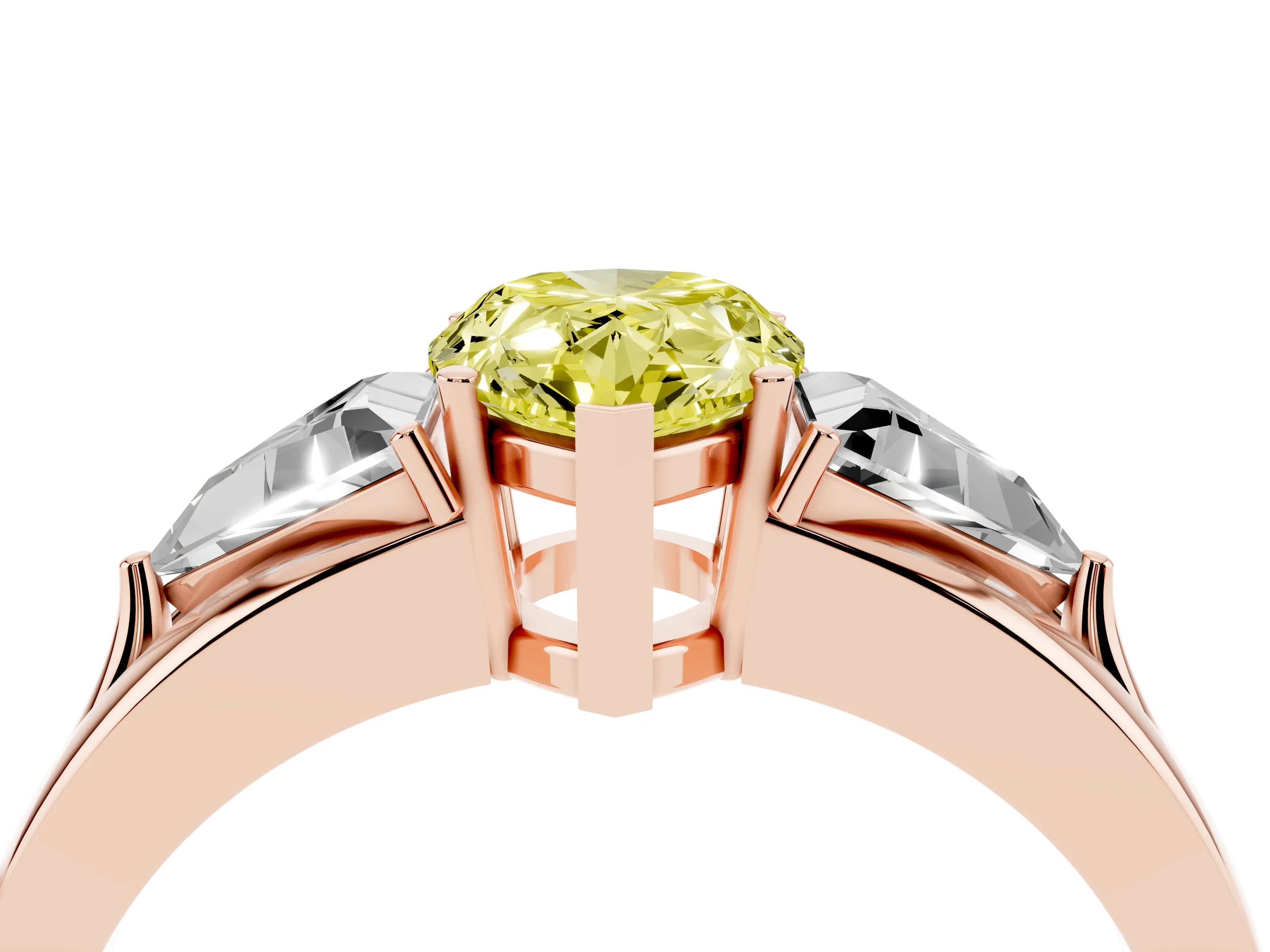 Fancy Yellow Pear Cut Diamond Three-Stone Ring Set in Rose gold with Trillion Side Stones and Split Shank